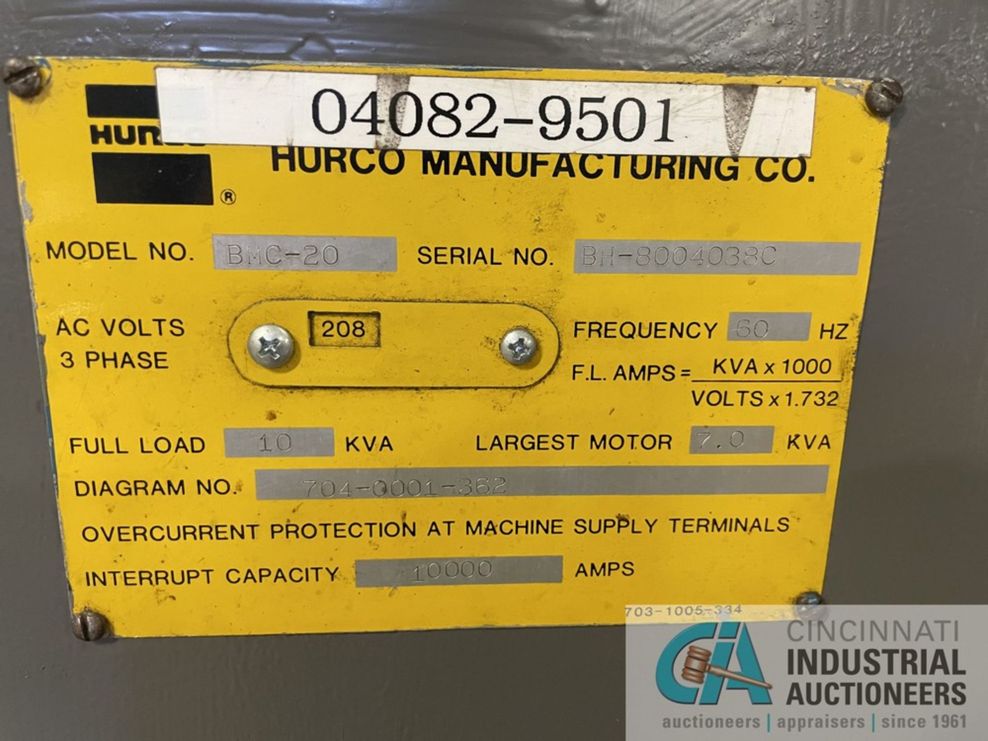 HURCO MODEL BMC-20 CNC VERTICAL MACHINING CENTER; S/N BH-8004038C, 14" X 30" TABLE, 13" X 22" SUB- - Image 5 of 6