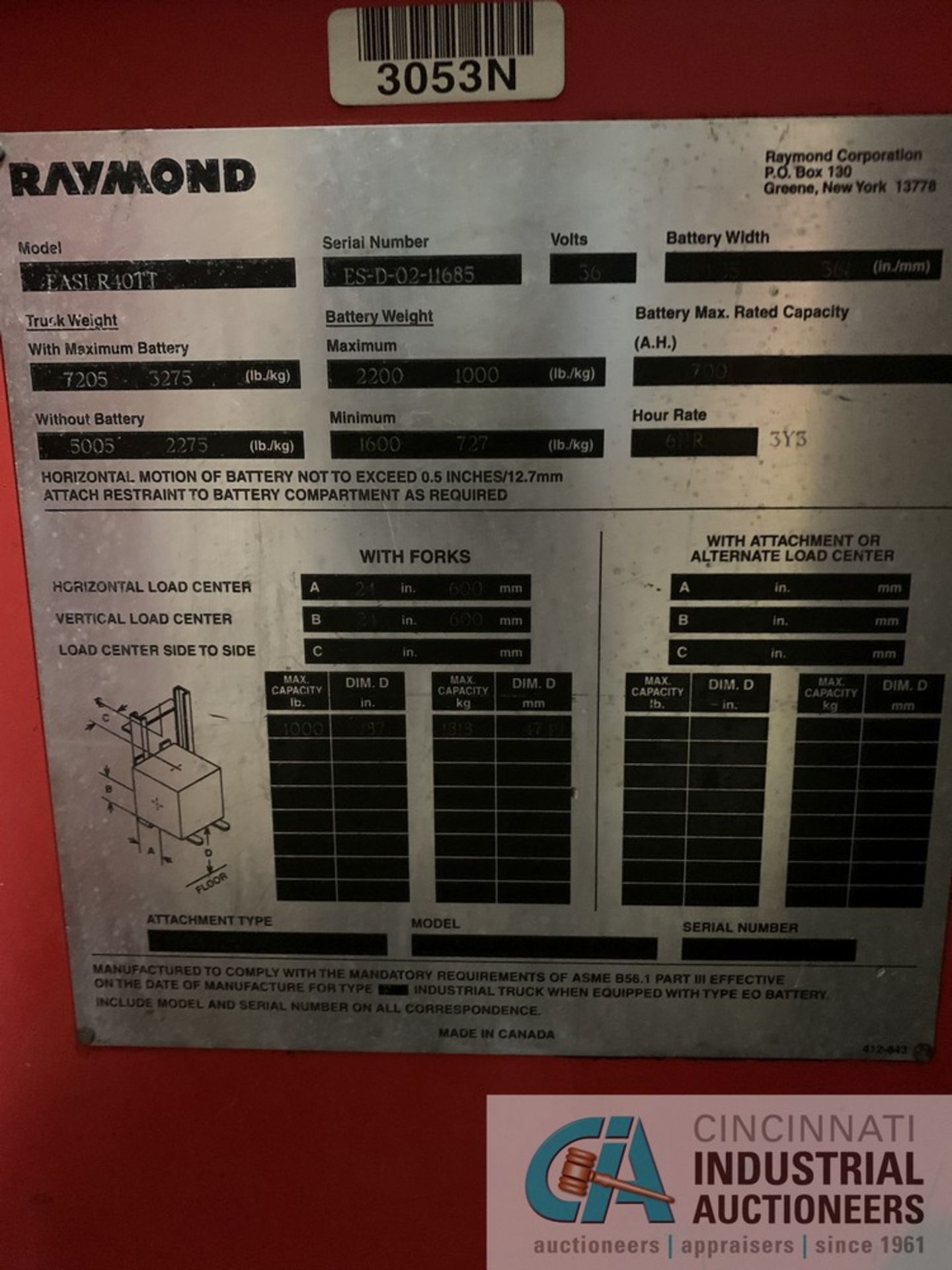 4,000 LB. RAYMOND MODEL EASI-R40TT ELECTRIC STAND-UP REACH TRUCK; S/N ES-D-02-11685, 36-VOLT, 187" - Image 6 of 7