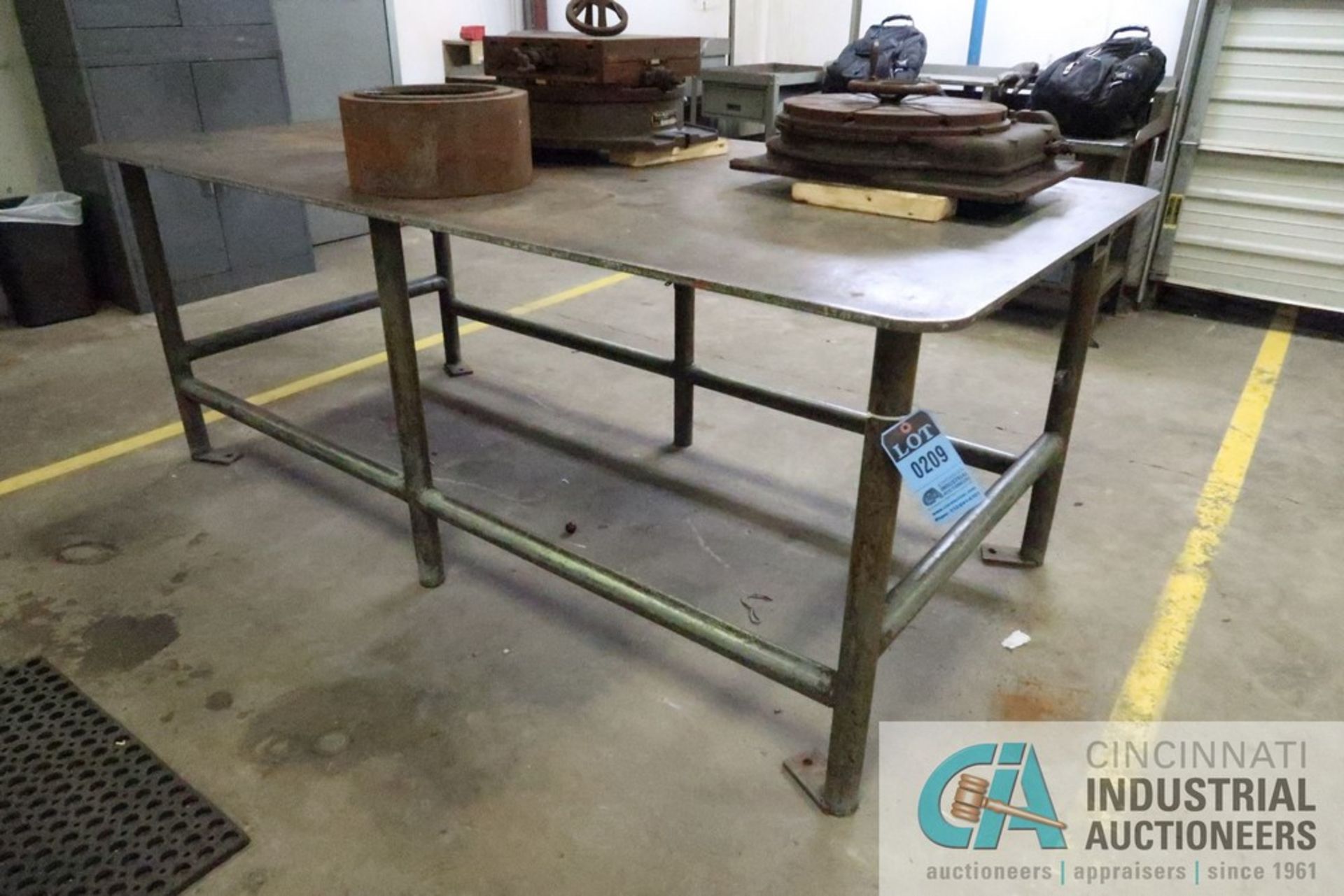 48" X 96" X 37" HIGH X 5/8" THICK STEEL TOP PLATE SIX POST STEEL WELDED TABLE **DELAYED REMOVAL -