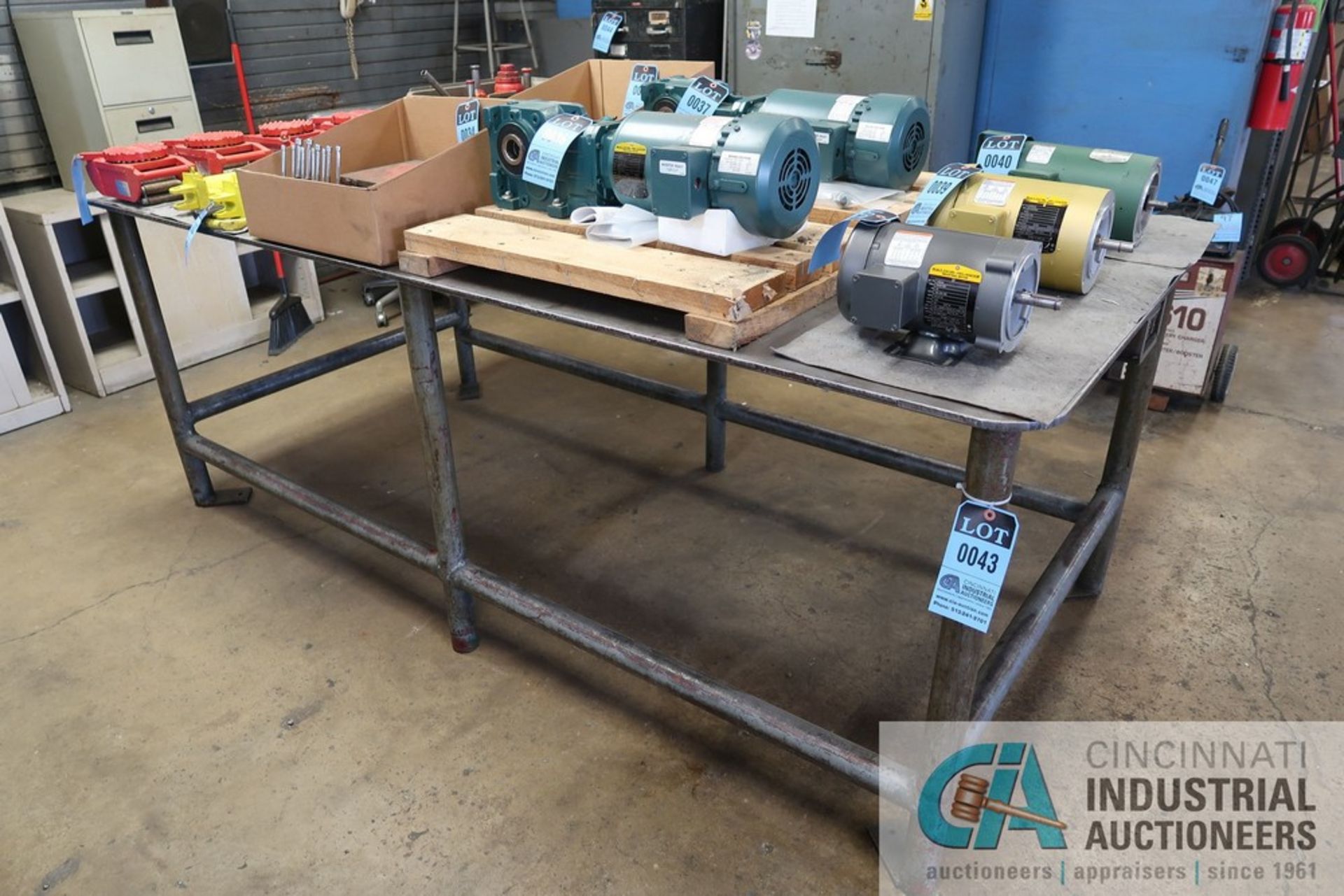 48" X 96" X 36-1/2" HIGH X 3/8" THICK STEEL TOP PLATE SIX POST WELDED STEEL WORK BENCH **DELAYED