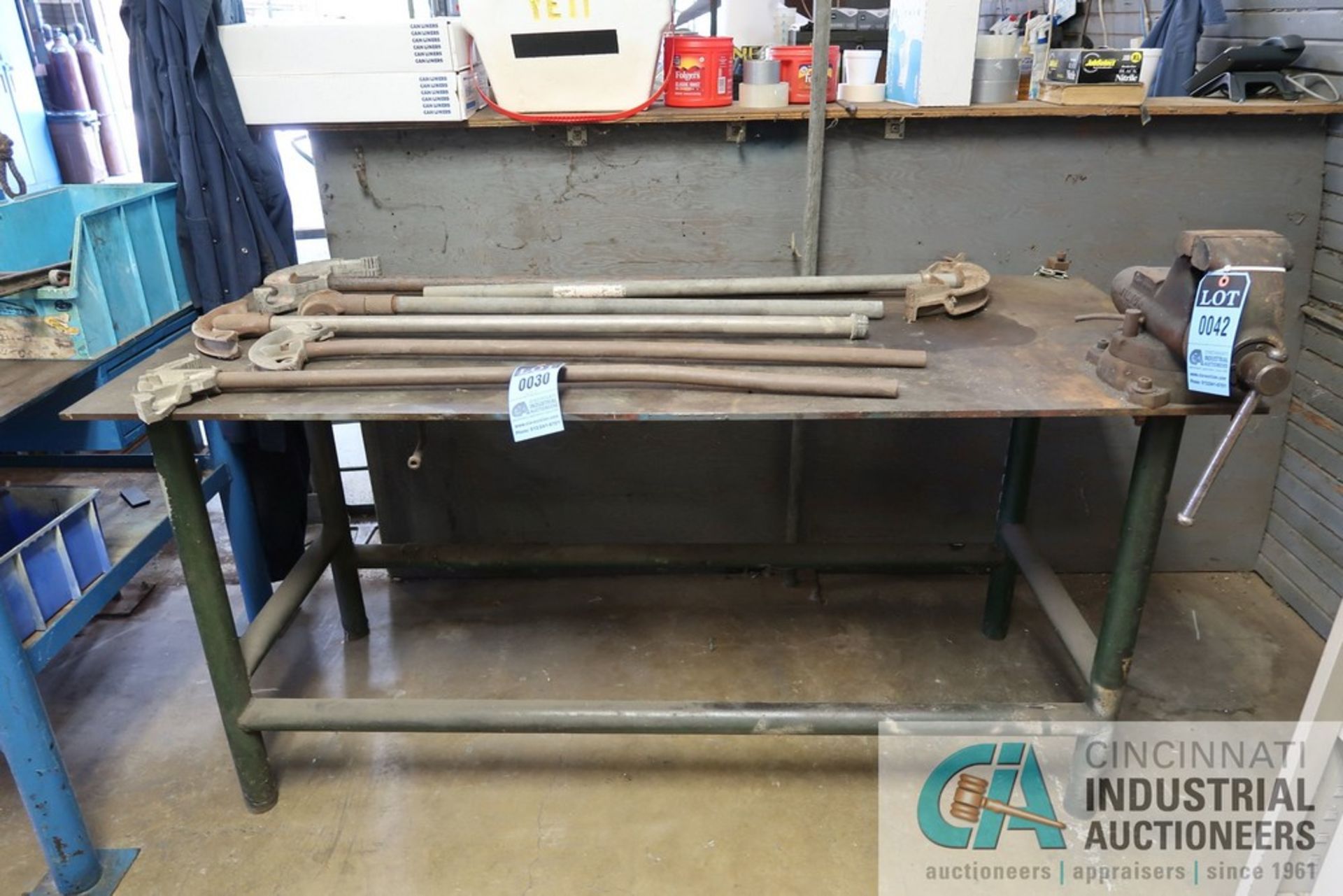 30" X 72" X 35" HIGH X 1/2" THICK STEEL TOP PLATE FOUR POST WELDED STEEL WORK BENCH WITH 4-1/2"