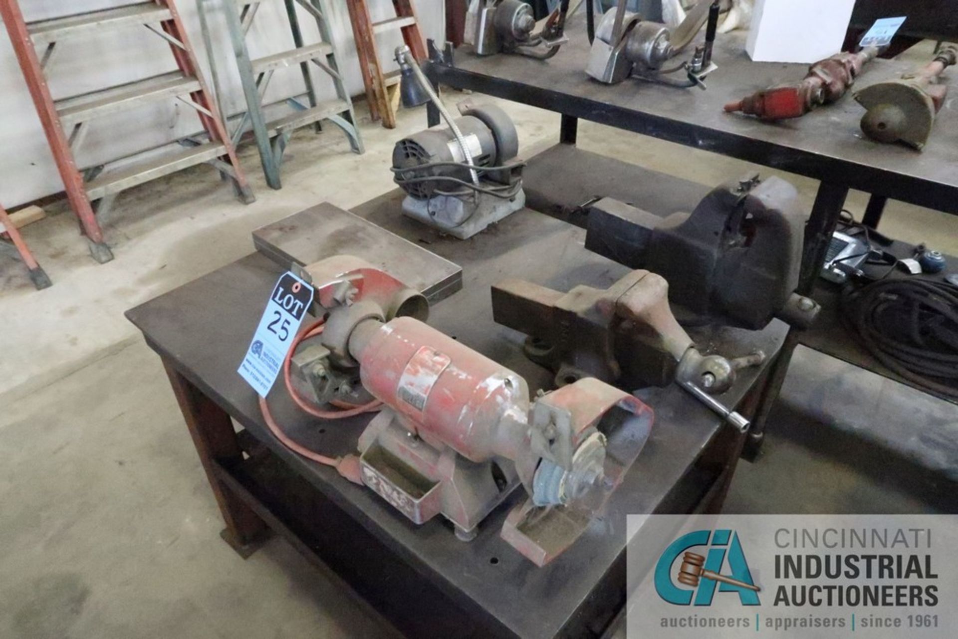 (LOT) BENCH GRINDERS AND VISE WITH HEAVY DUTY STEEL BENCH - Image 8 of 8