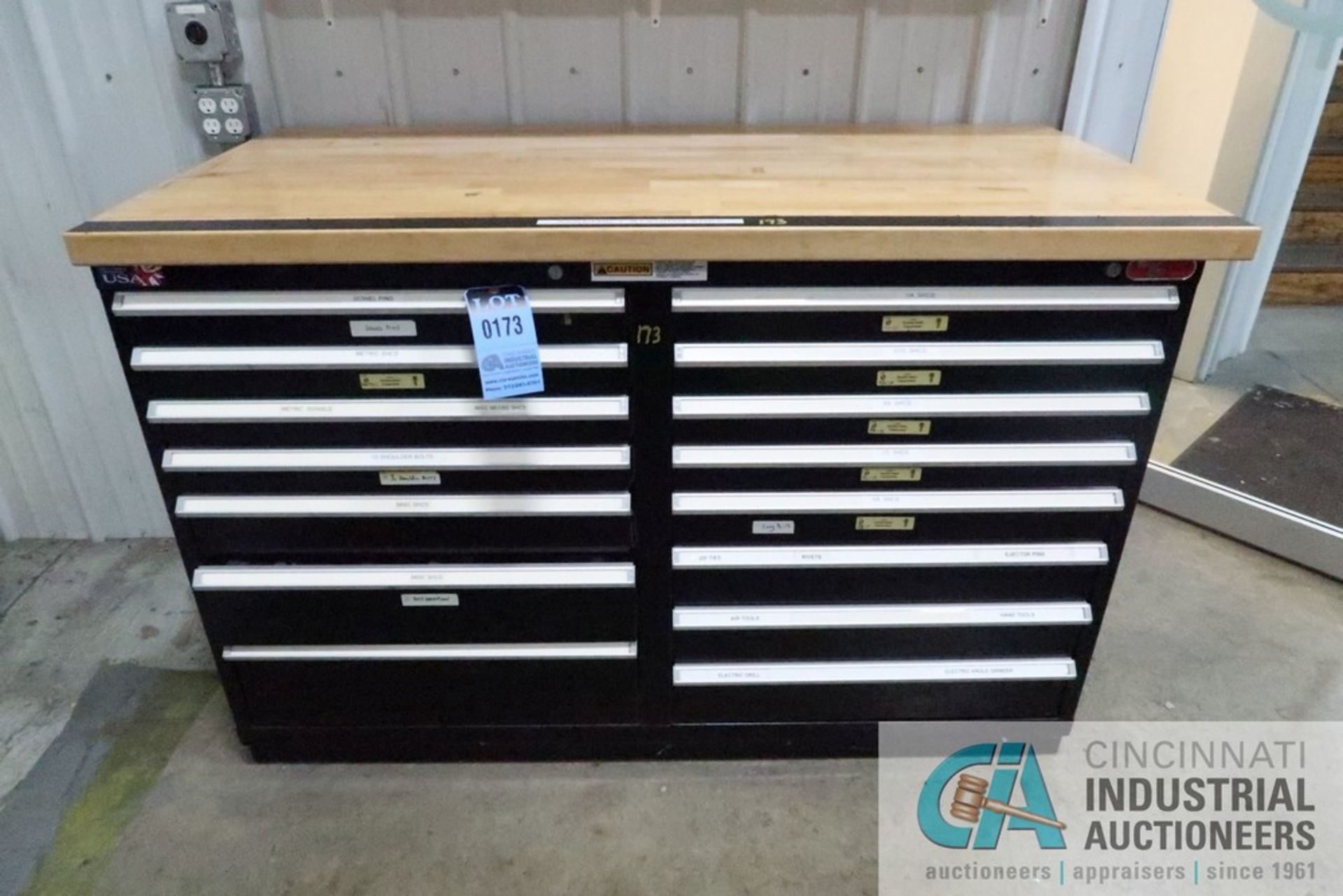 15-DRAWER STOR-LOC MAPLE TOP TOOLING CABINET AND CONTENTS; DOWEL PINS, BOLTS, CONCRETE ANCHERS AND - Image 2 of 17