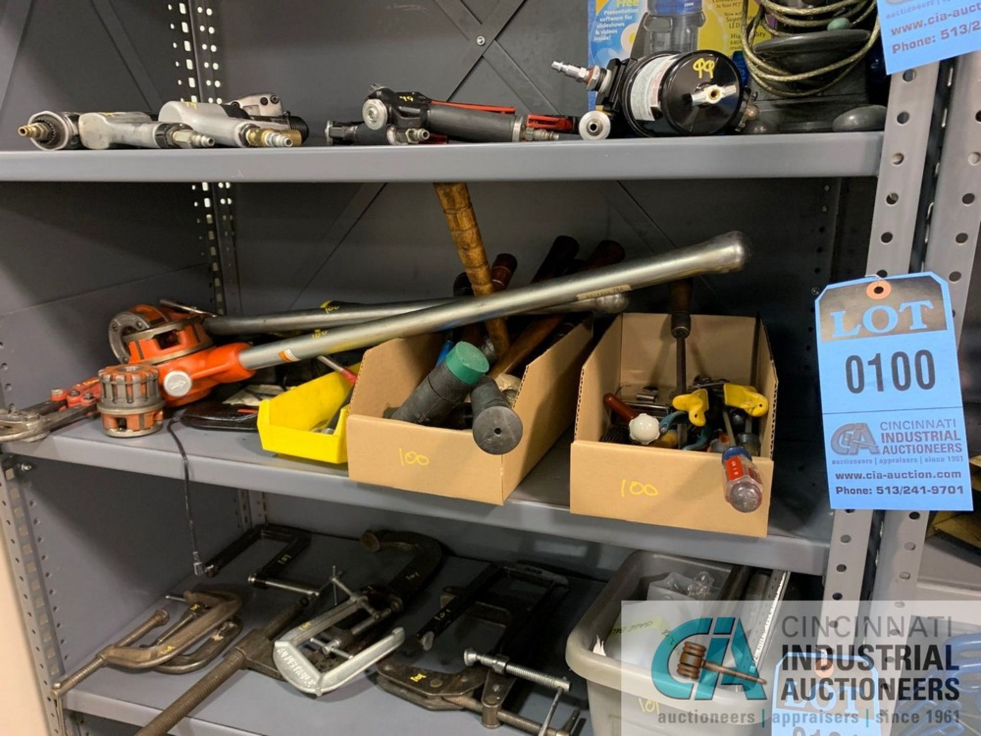 (LOT) MISC. TOOLS TOOLS INCLUDING; PIPE THREADERS, BOLT CUTTERS, SCREWDRIVERS, MALLETS, NUT