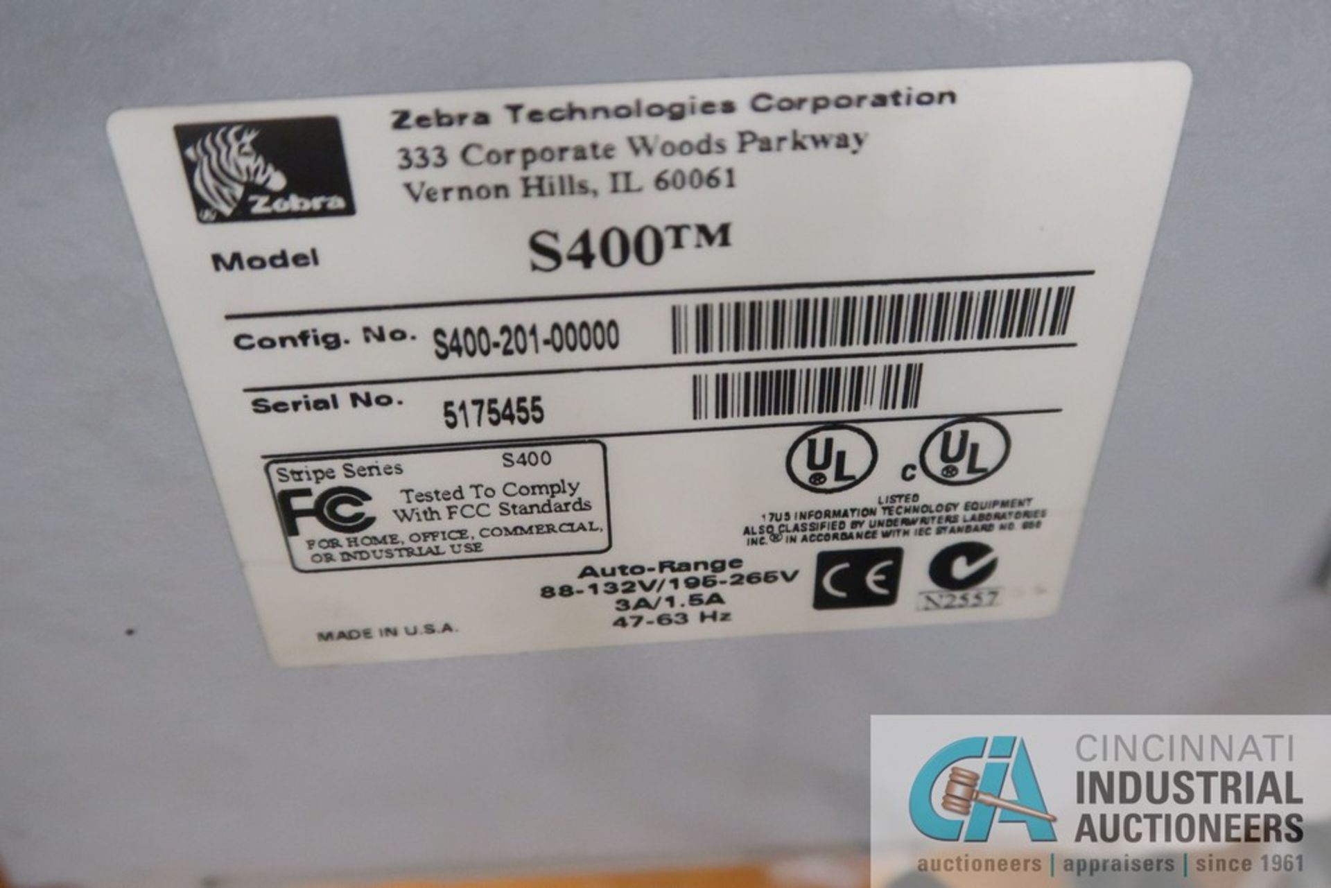 ZEBRA MODEL S400 LABEL PRINTER; S/N 5175455 - Image 2 of 2