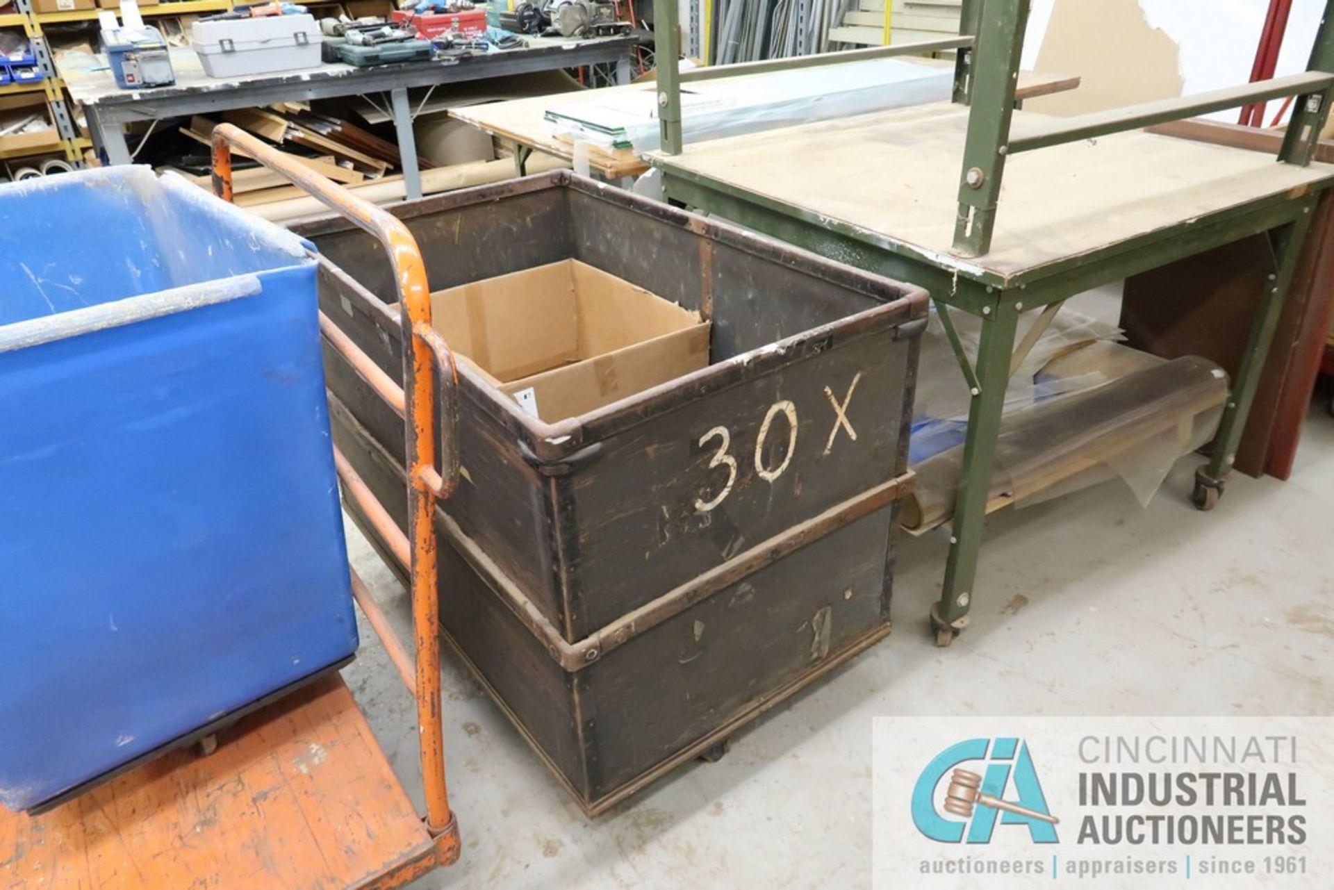 (LOT) (2) STOCK CARTS, PORTABLE WOOD BASKET, (2) STEEL FRAMED TABLES - Image 3 of 5