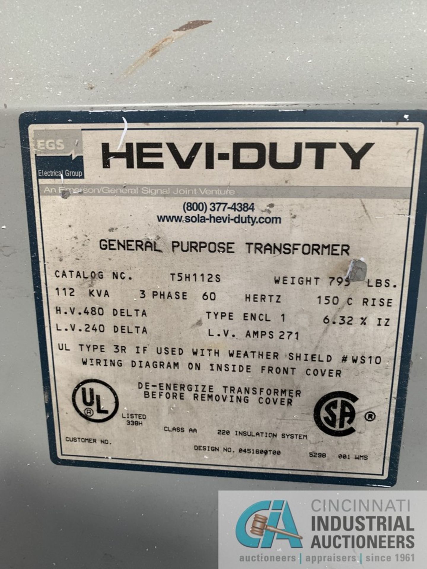 112 KVA HEVI-DUTY CATALOG NO. T5H112S TRANSFORMER; 3-PHASE, 60 HERTZ, 480 H.V., 240 L.V. - Image 2 of 4