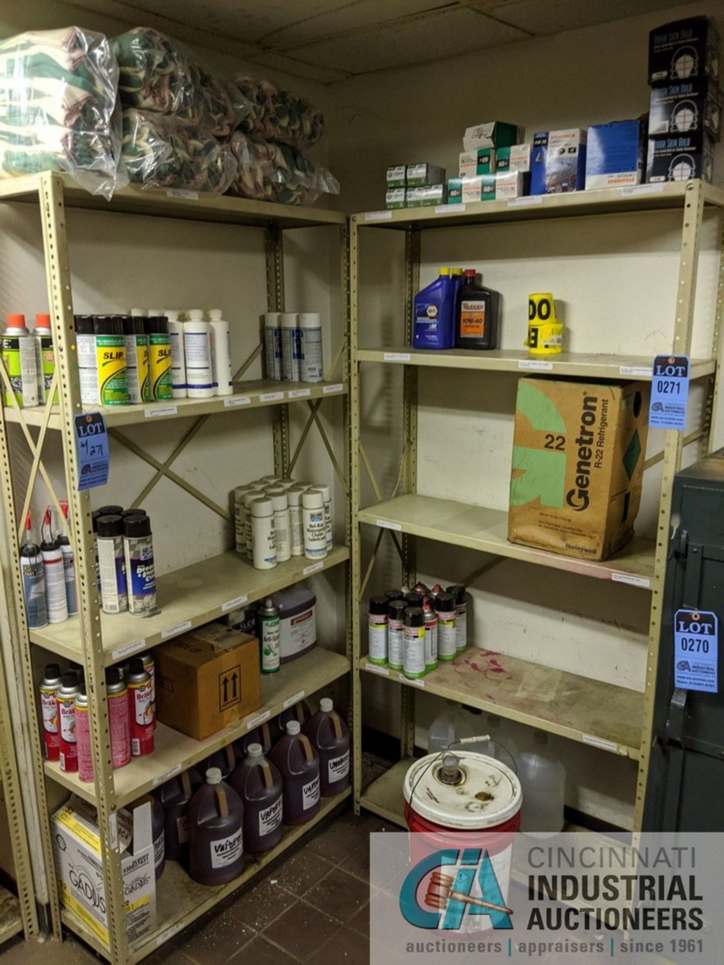 SECTIONS OF SHELVING W/ CONTENTS; GLOVES, DEGREASER, CHAIN LUBRICANT, BRAKE CLEANER, HARDWARE &