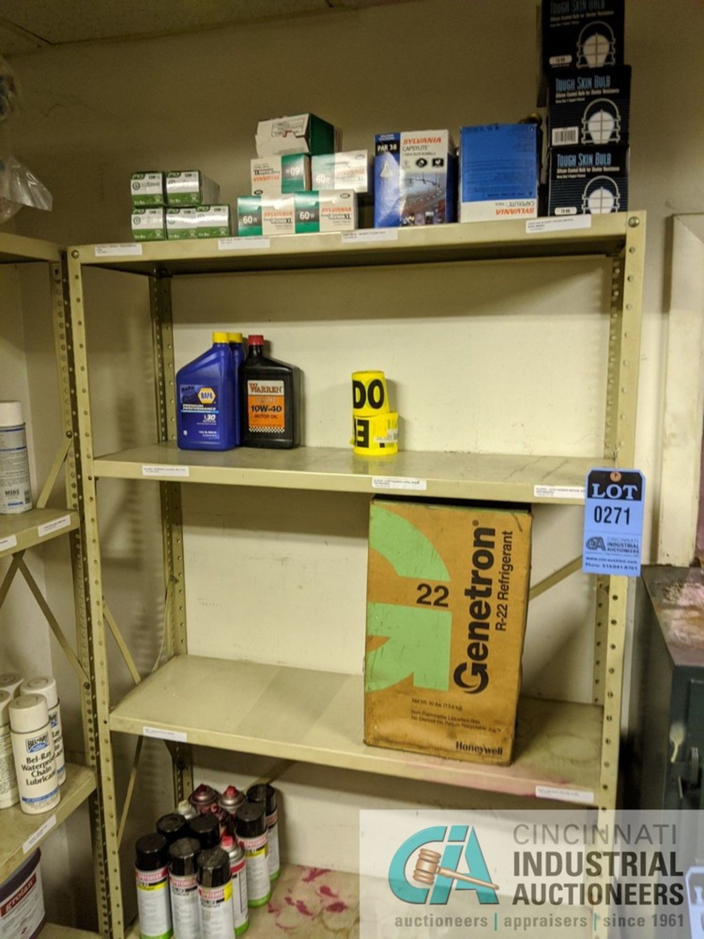 SECTIONS OF SHELVING W/ CONTENTS; GLOVES, DEGREASER, CHAIN LUBRICANT, BRAKE CLEANER, HARDWARE & - Image 2 of 7