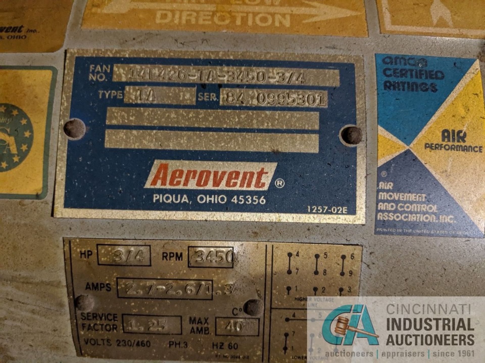 AEROVENT MODEL TA EXHAUST FAN; 3/4-HP TO FIRST JOINT ABOVE FAN - SET PAINT MARK - Image 2 of 2