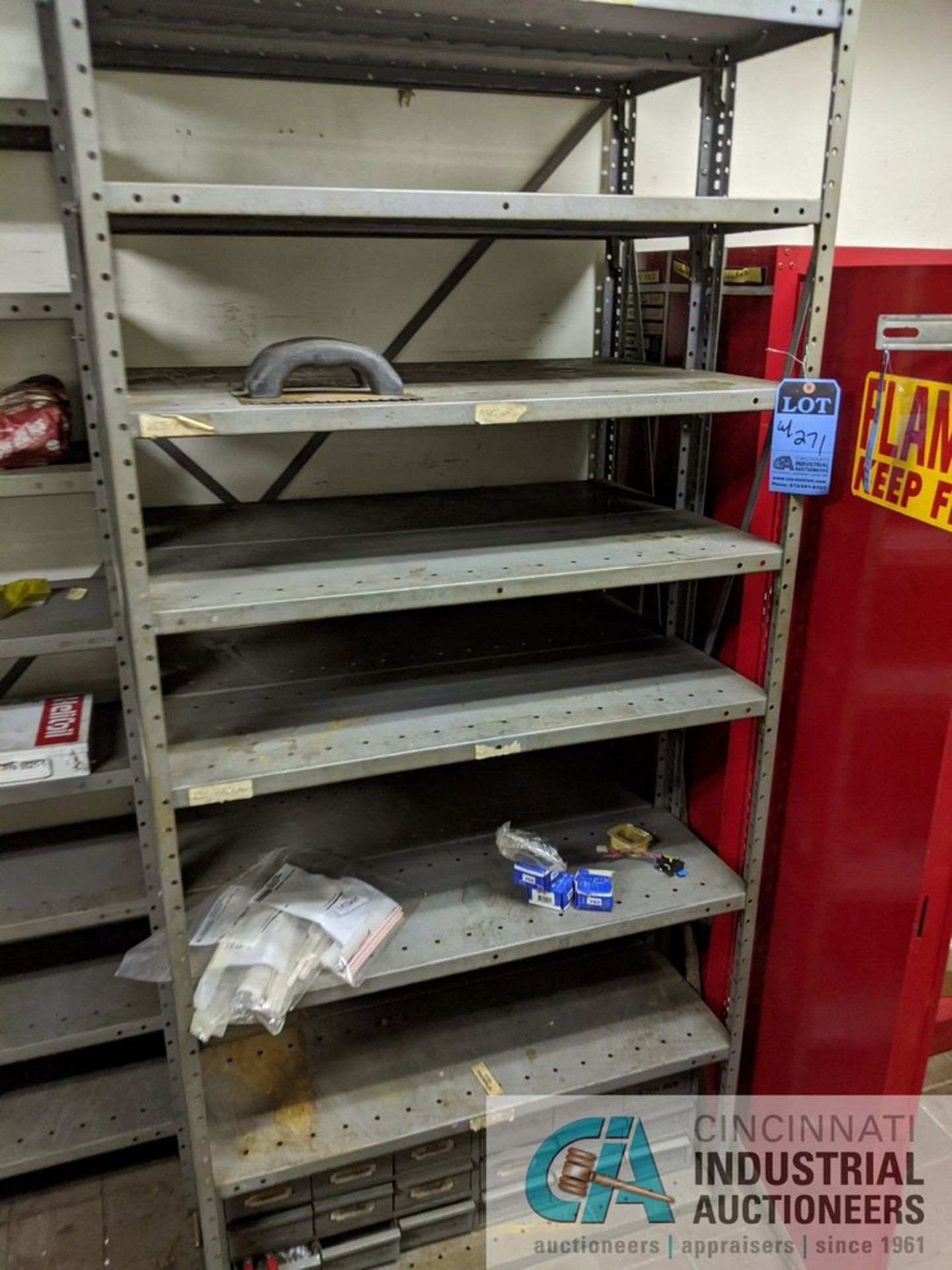 SECTIONS OF SHELVING W/ CONTENTS; GLOVES, DEGREASER, CHAIN LUBRICANT, BRAKE CLEANER, HARDWARE & - Image 7 of 7