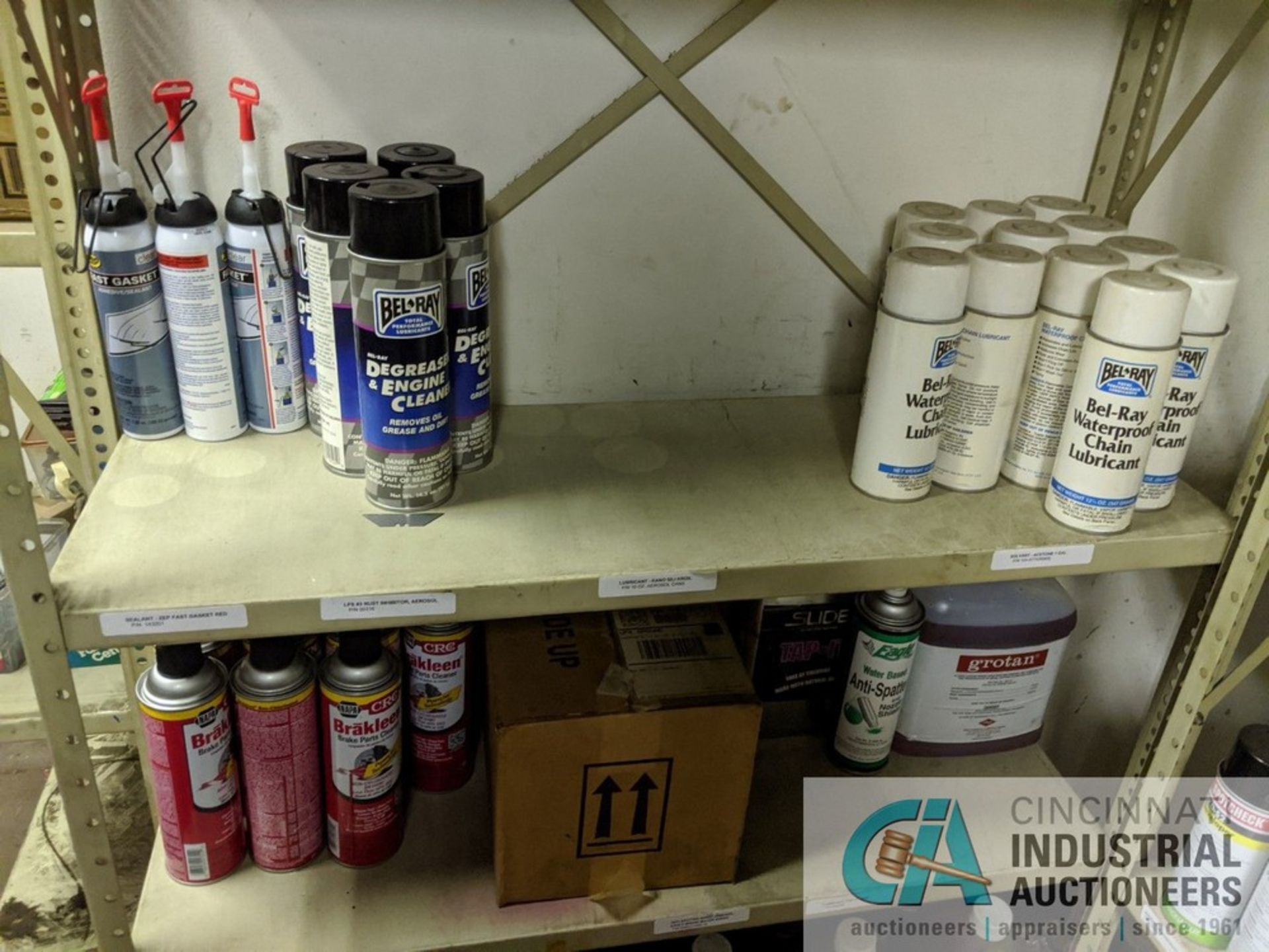 SECTIONS OF SHELVING W/ CONTENTS; GLOVES, DEGREASER, CHAIN LUBRICANT, BRAKE CLEANER, HARDWARE & - Image 4 of 7