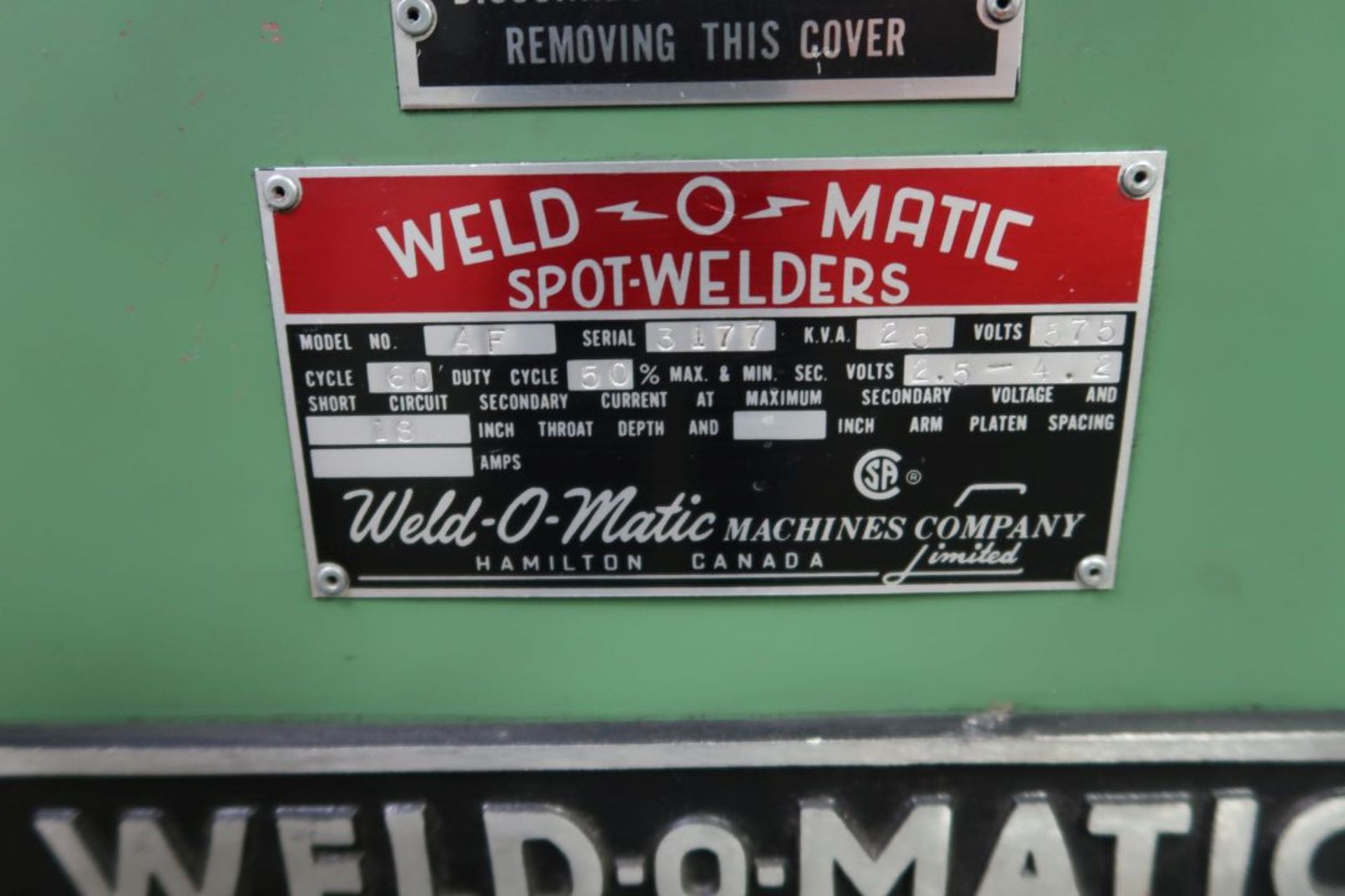 WELD O MATIC 25 KVA 575 VOLTS SPOT WELDER, AIR OPERATED, 18'' THROAT, ROBOTRON 7104G SERIES 30 SOLID - Image 3 of 3