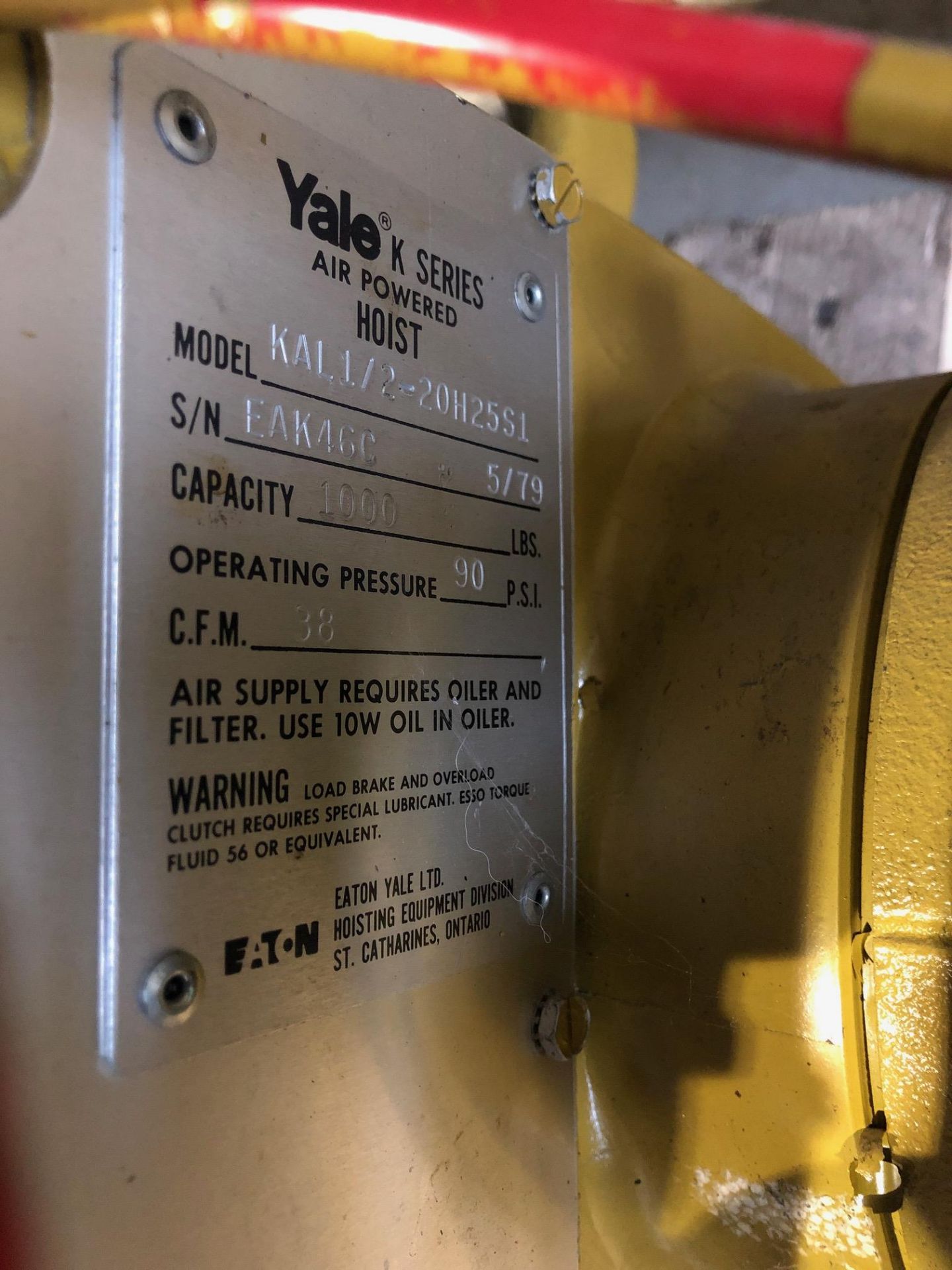 YALE AIR POWERED HOIST MOD. KAL 1/2-20H25S1, S/N: EAK46C, 1000 LBS, 115 VOLTS ** LOCATED IN WEST- - Image 3 of 3
