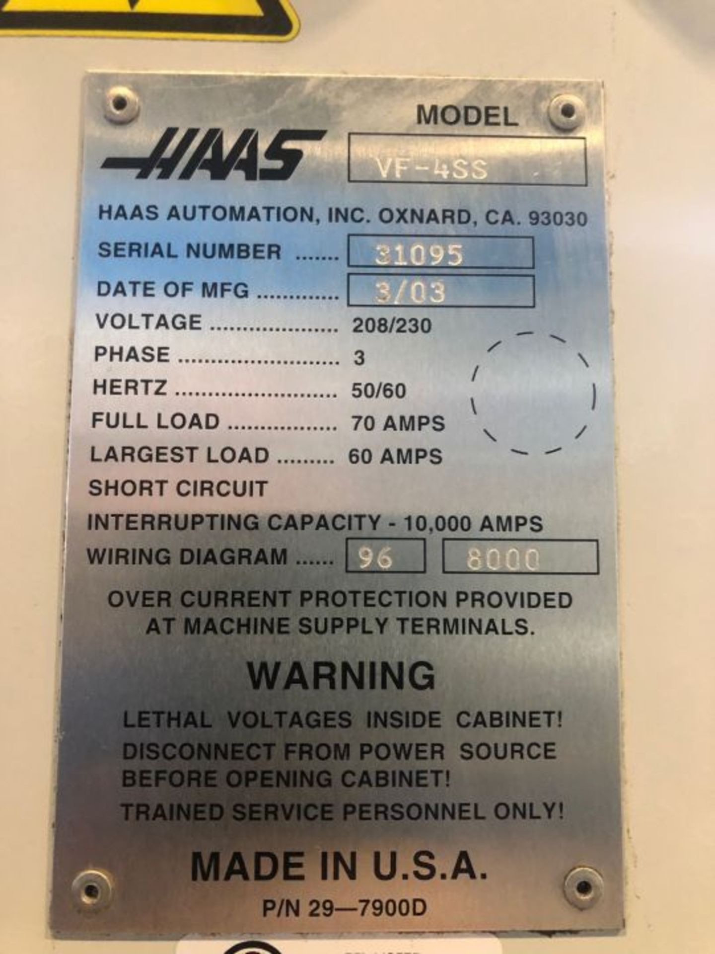HAAS (2003) VERTICAL MACHINING CENTER MOD: VF-4SS, 18'' X 52'' TABLE, 12000 RPM, 1400 IPM, 24 - Image 9 of 10