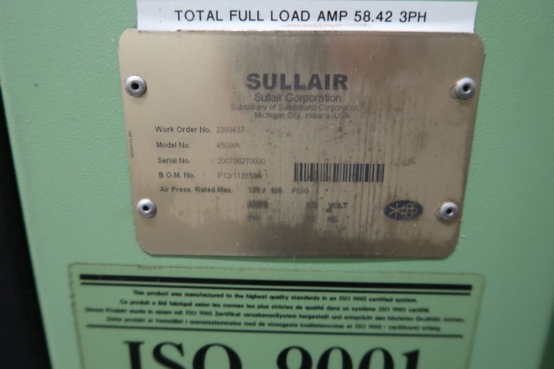 SULLAIR 60 HP SCREW TYPE AIR COMPRESSOR MOD: 4509/A, SN: 200706270090, 52205 HOURS, 575 VOLTS ** - Image 3 of 3