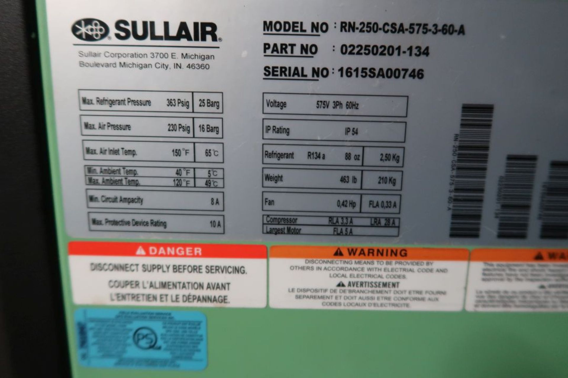 SULLAIR AIR DRYER, 575 VOLTS, MOD: RN.250.CSA.575.3.60.A, SN: 1615SA00746, **SUBJECT TO BULK BID** - Image 2 of 2