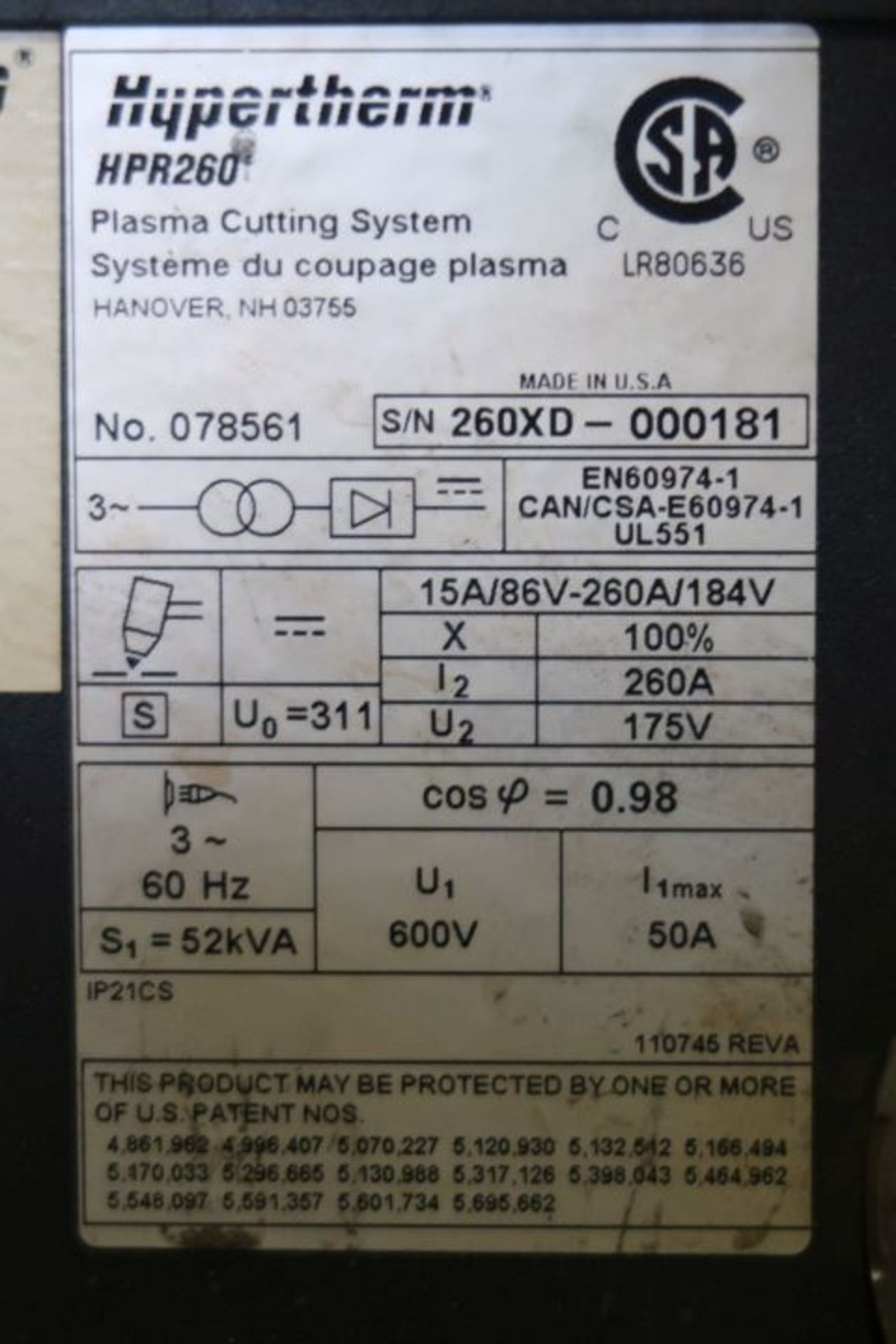 HYPERTHERM MOD: HPR 260 XD PLASMA CUTTER (2010) (CAP. 2.5'') SN: 260XD-000181, WITH CUTTING GUN - Image 2 of 7