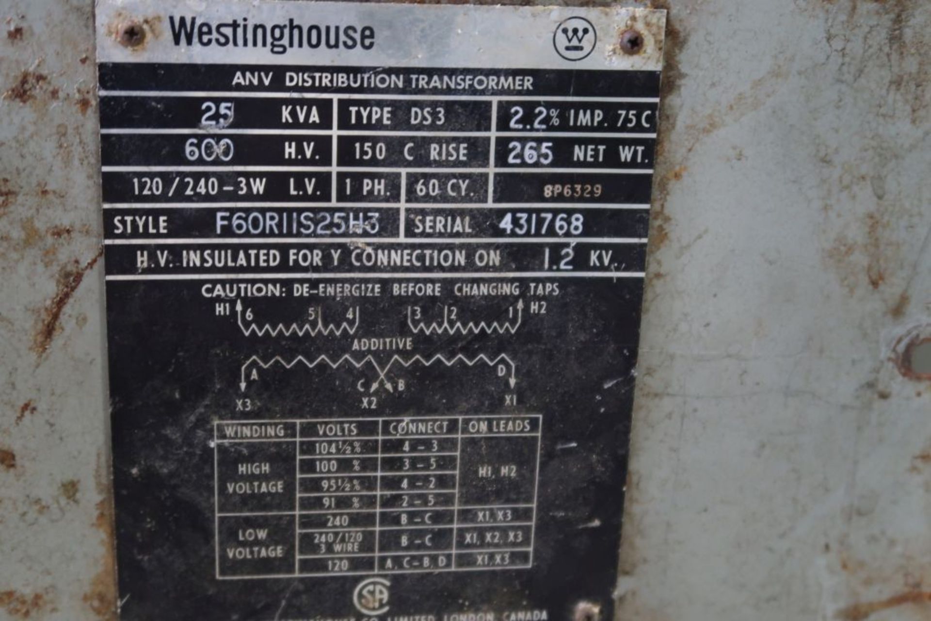 WESTINGHOUSE ELECTRIC TRANSFORMER, 600 VOLTS 120/240 3 W VOLTS 1 PHASE, 25 KVA, LOCATED IN VAUDREUIL - Image 2 of 2