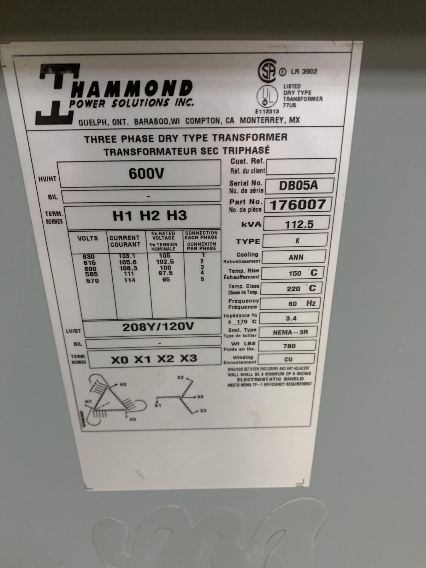 HAMMOND 112.5 KVA 600V / 208V/120V TRANSFORMER - Image 2 of 2