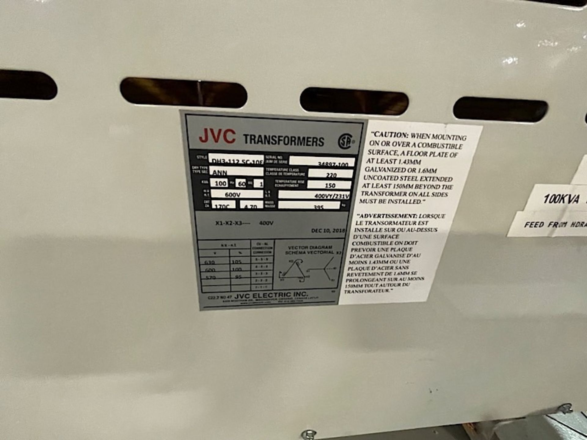 JVC 100 KVA 600V / 400V TRANSFORMER - Image 2 of 2