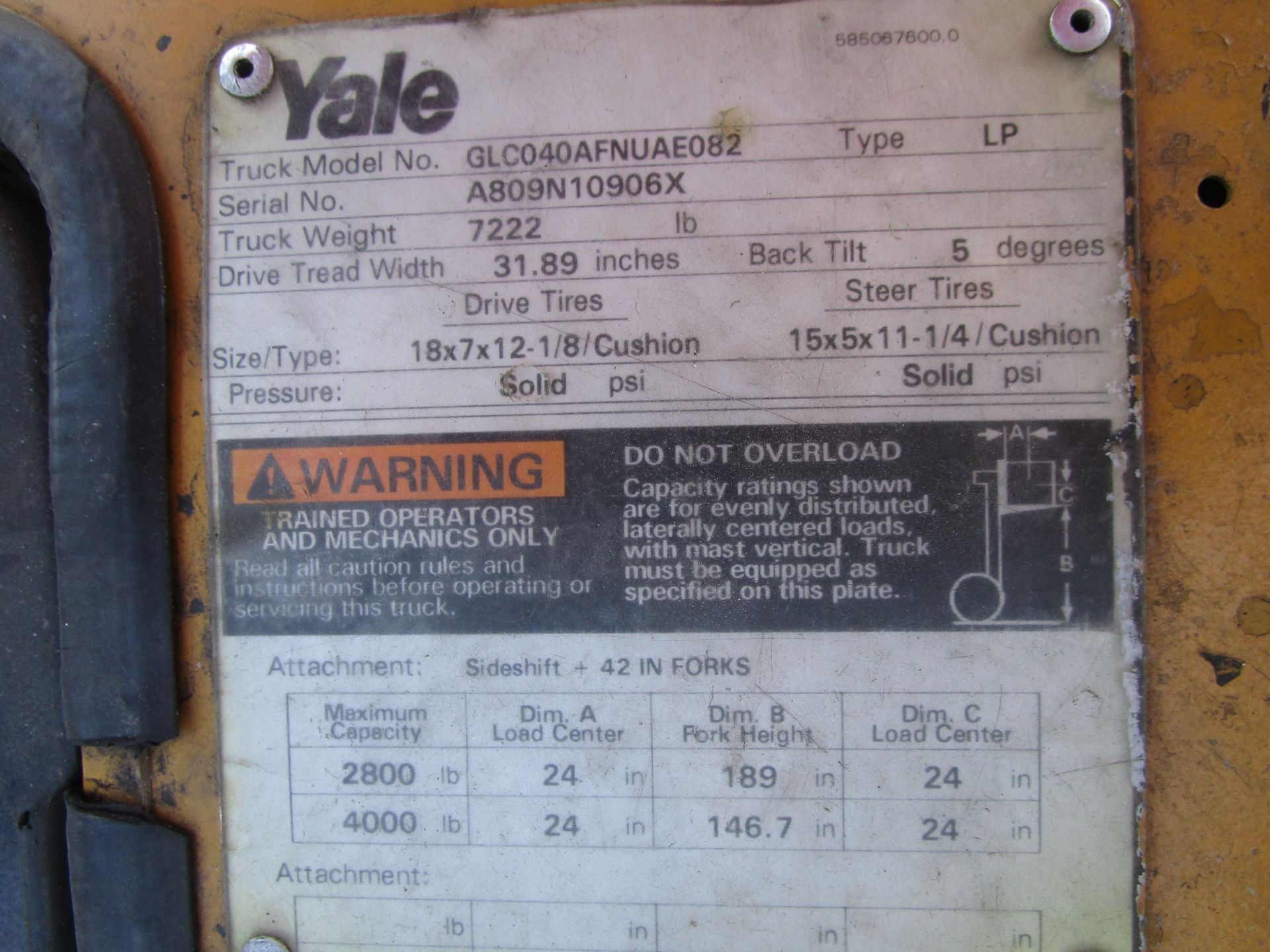 Yale GLC040AF 4,000 lb Forklift - Image 10 of 10
