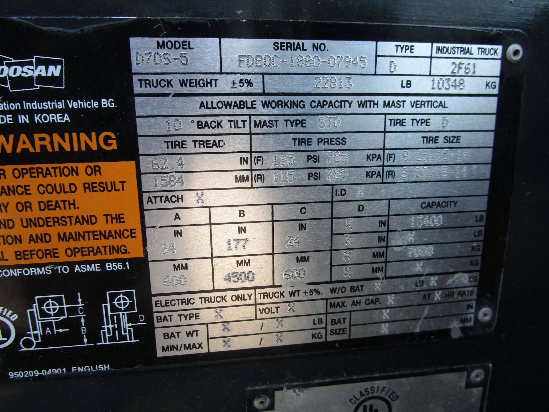 2014 Doosan D70S-5 15,400lb Forklift - Image 10 of 10