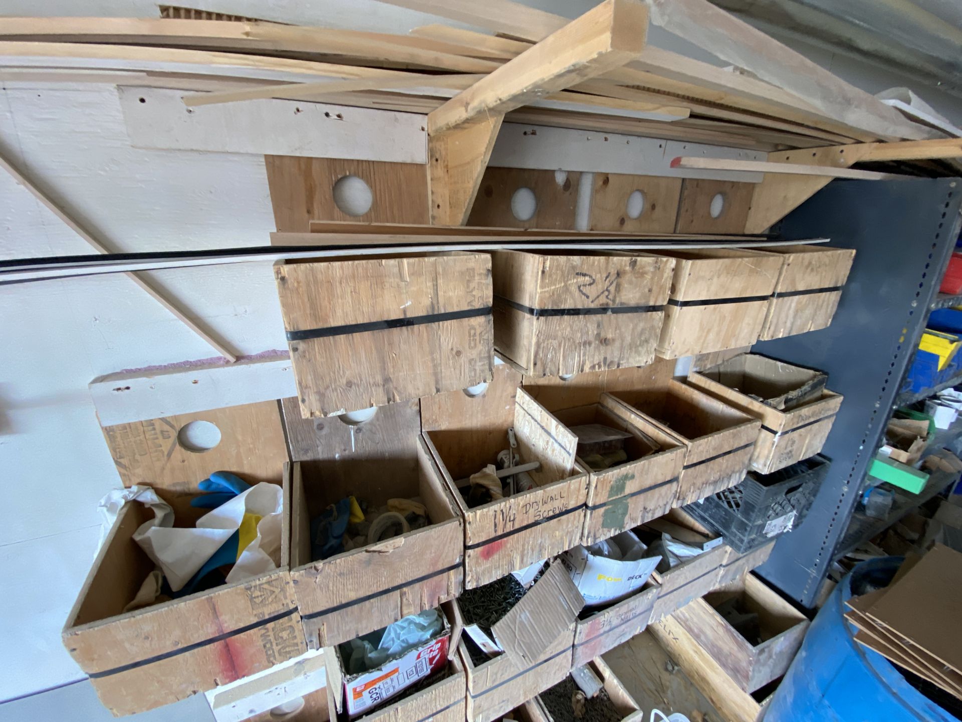 BALANCE OF PRODUCT IN FRONT ROOM OF WOODWORK SHOP INCL. ALL FASTENERS, PAINT, HARDWARE, SHELF - Image 3 of 17