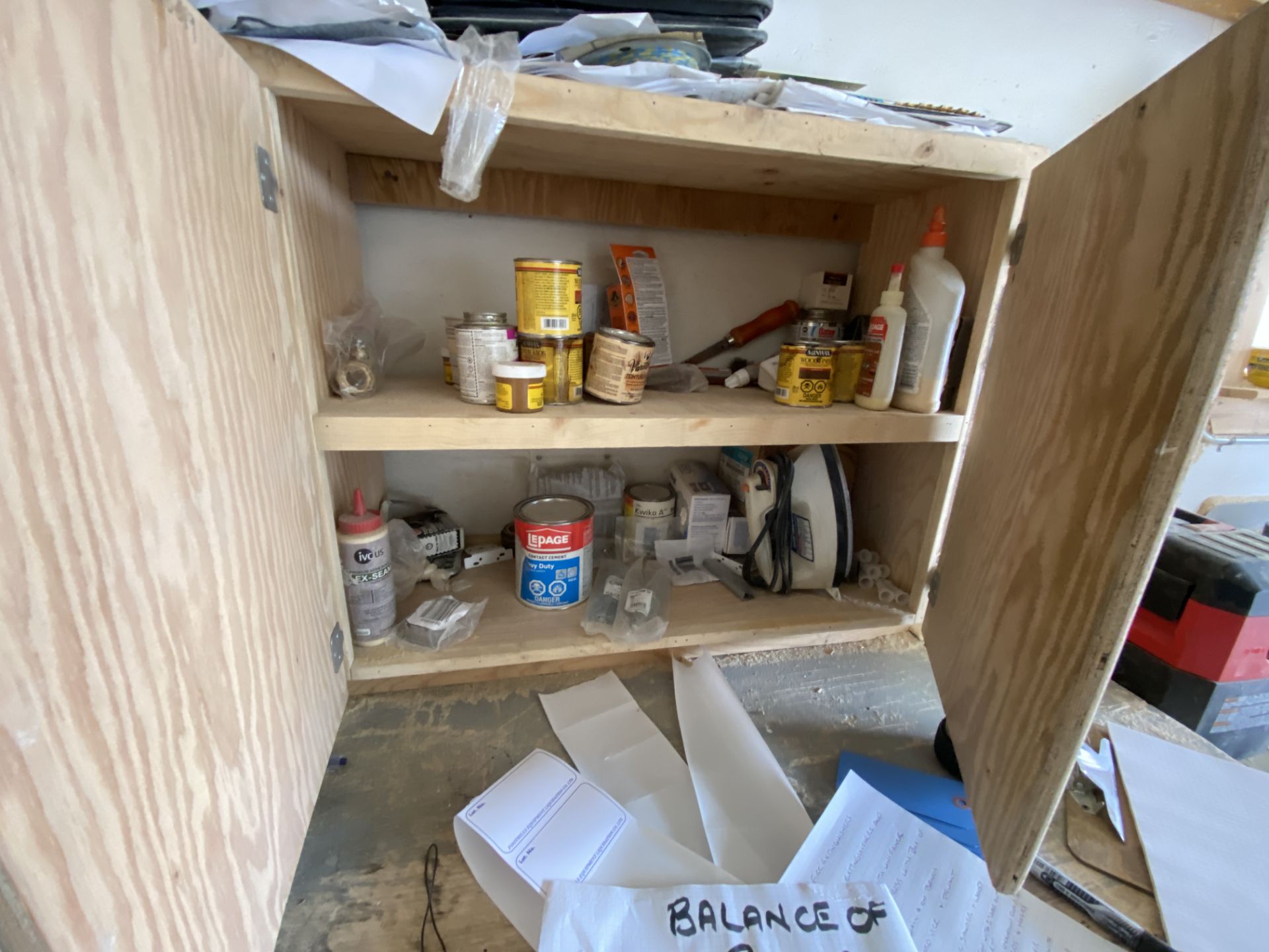 BALANCE OF PRODUCT IN FRONT ROOM OF WOODWORK SHOP INCL. ALL FASTENERS, PAINT, HARDWARE, SHELF - Image 9 of 17