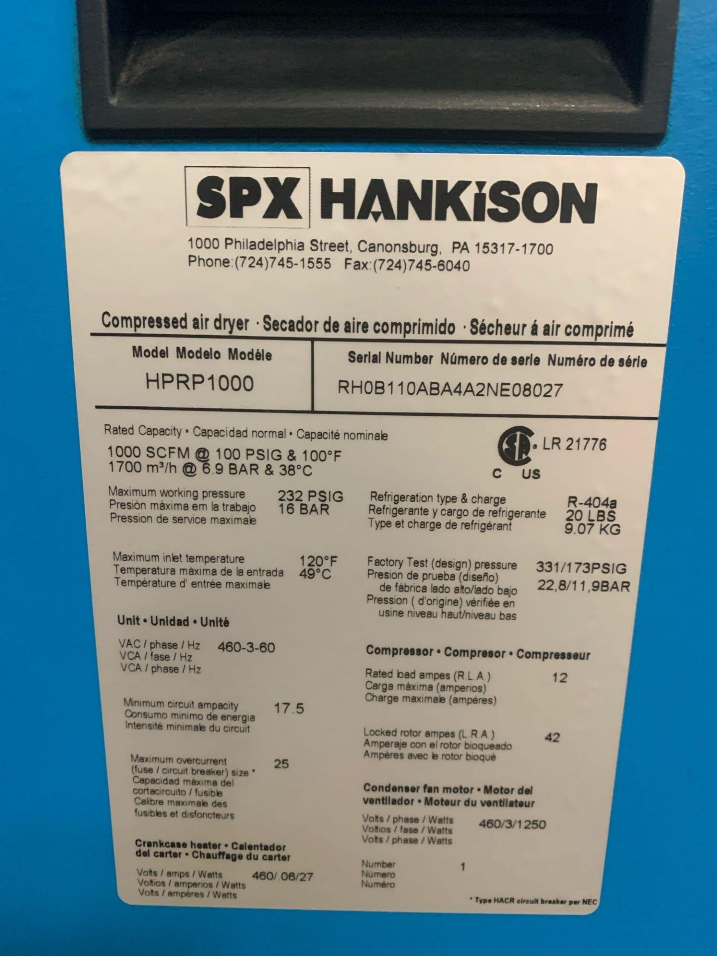 SPX Hankison HPRP 1000 Refrigerated Compressed Air Dryer s/n RH0BA4A2NE08027 - Image 7 of 10