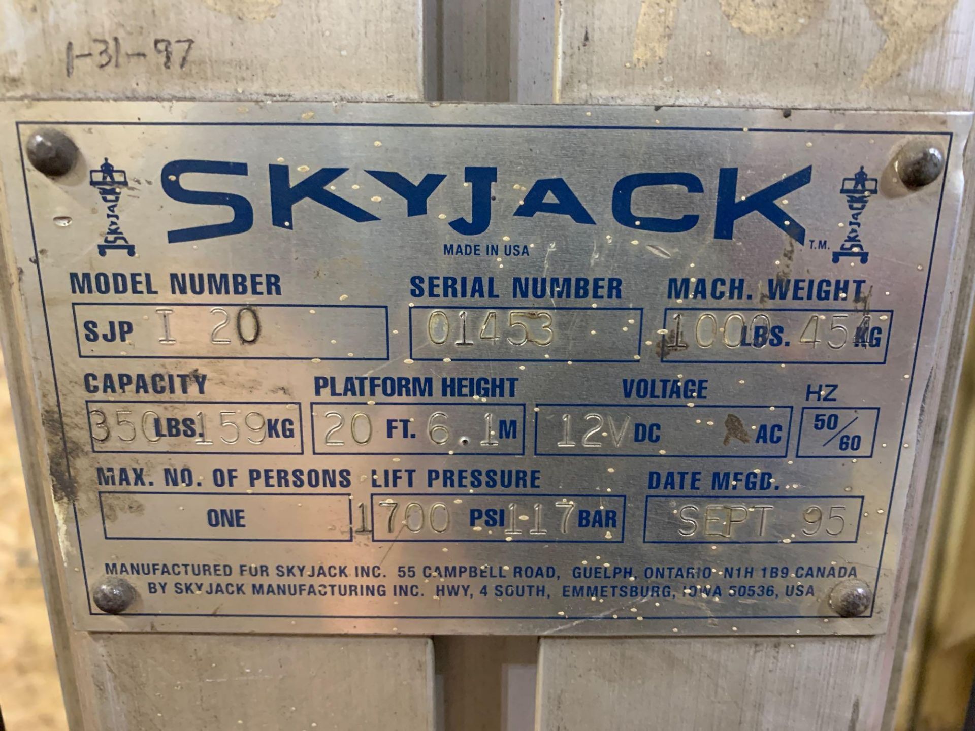 20’ SkyJack Man Lift Model SJPI 20 Model SJPI 20 Rear Wheels/Front Swivel Casters Platform Lift Heig - Image 8 of 9