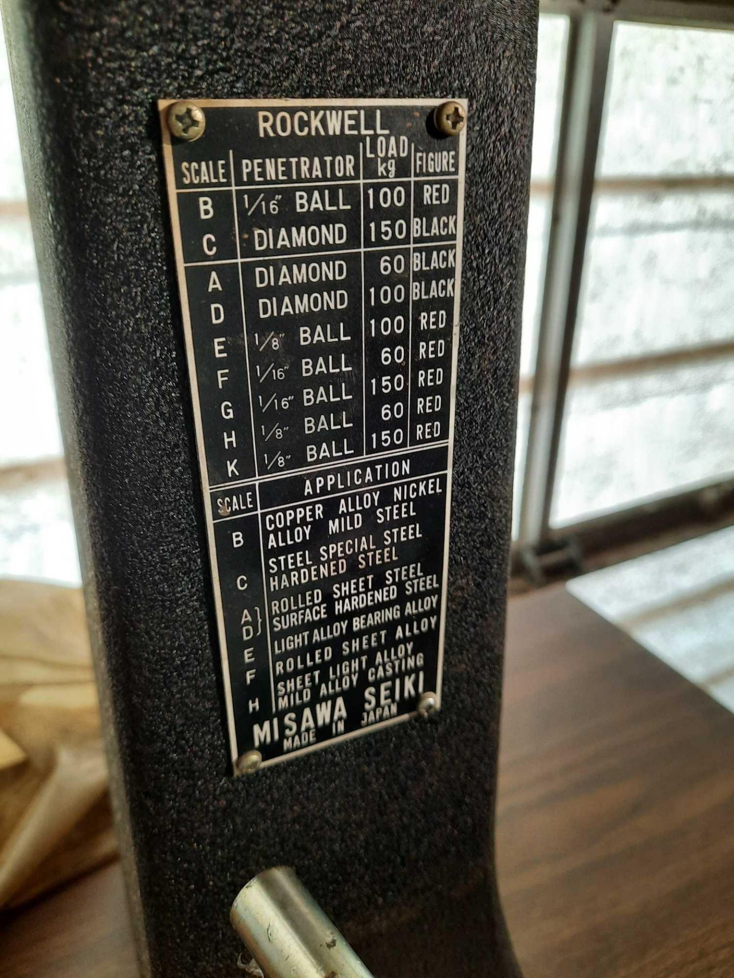 Misawa Seiki Rockwell hardness tester, serial no. 75260, B and C scales, includes hardness pins, - Image 6 of 10