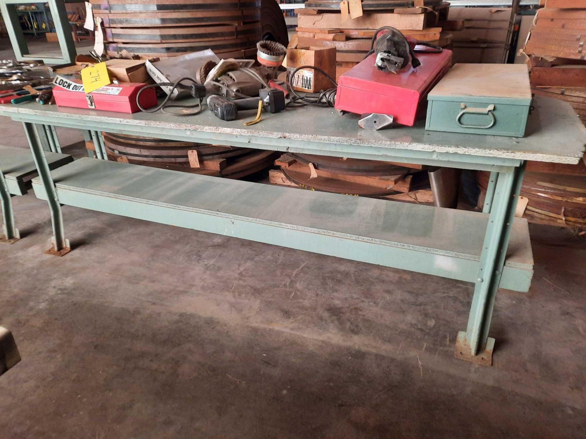 Metal leg work bench with wood top and lower shelf, 96 x 33 x 33 inches (contents not included)