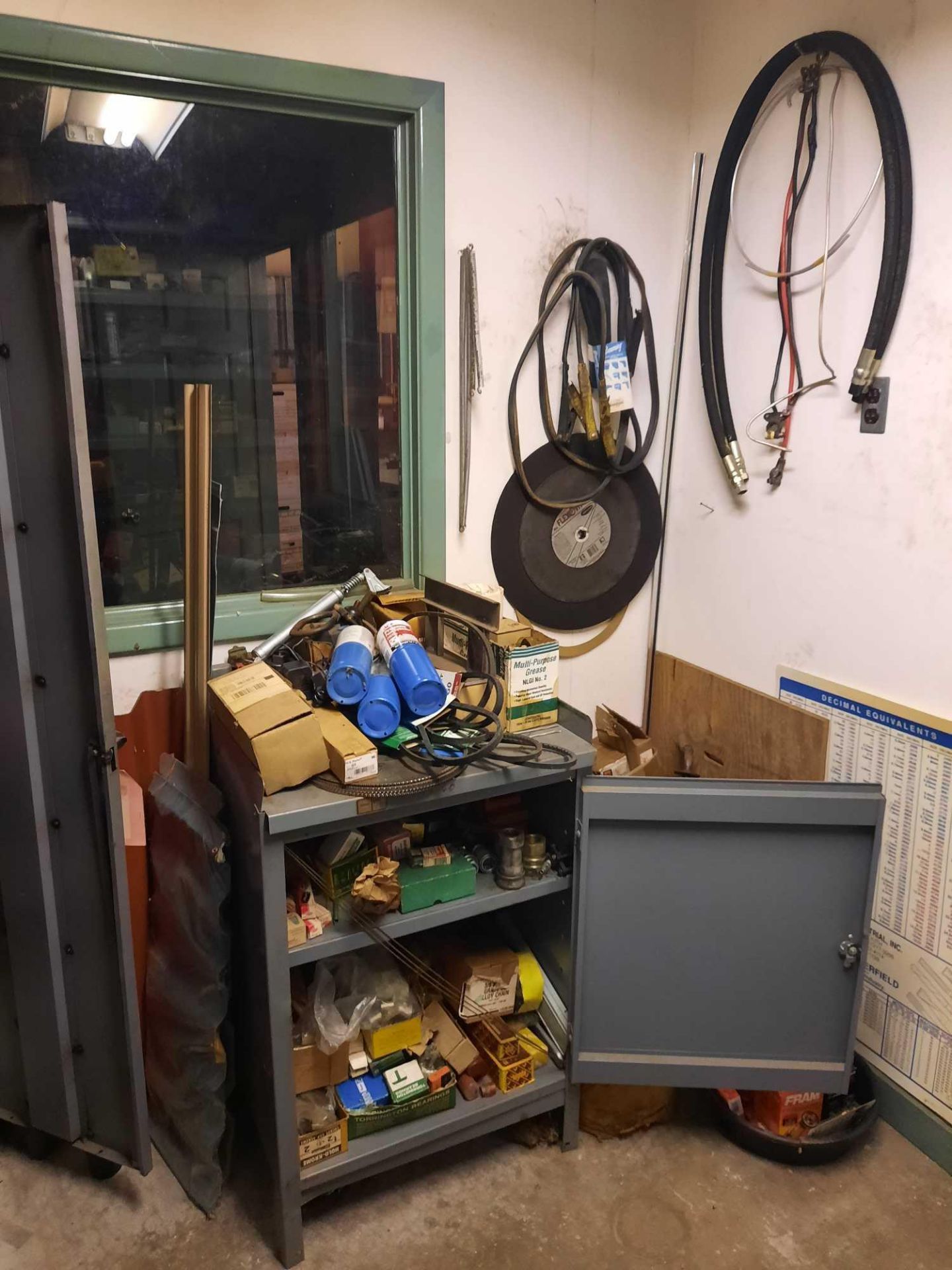 Contents or storage room to include: cabinets, shelves, saw blades, back supports, air hoses, - Image 2 of 27