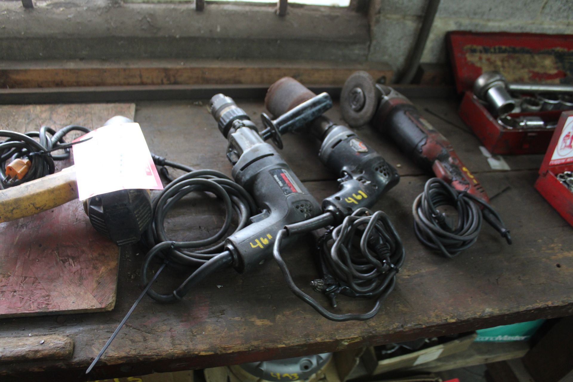 (1) 3/8" Electric Drill (1) 1/2" Electric Drill (1) 4.5" Angle Grinder (1) Electric Impact Wrench