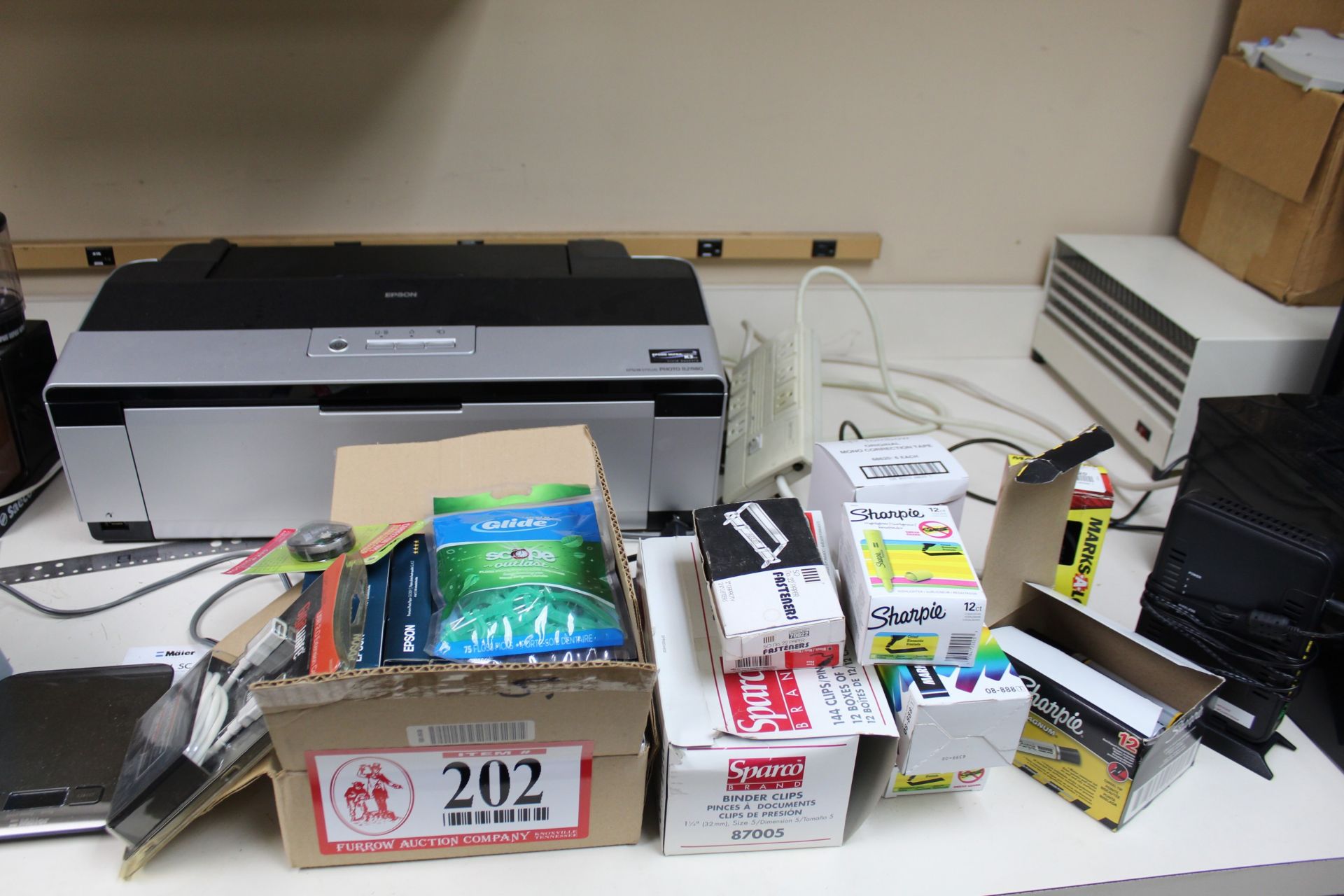 Contents of Countertop: Epson Stylist Photo Printer, Coffee Grinder, Keurig Coffee Maker, Sharpies