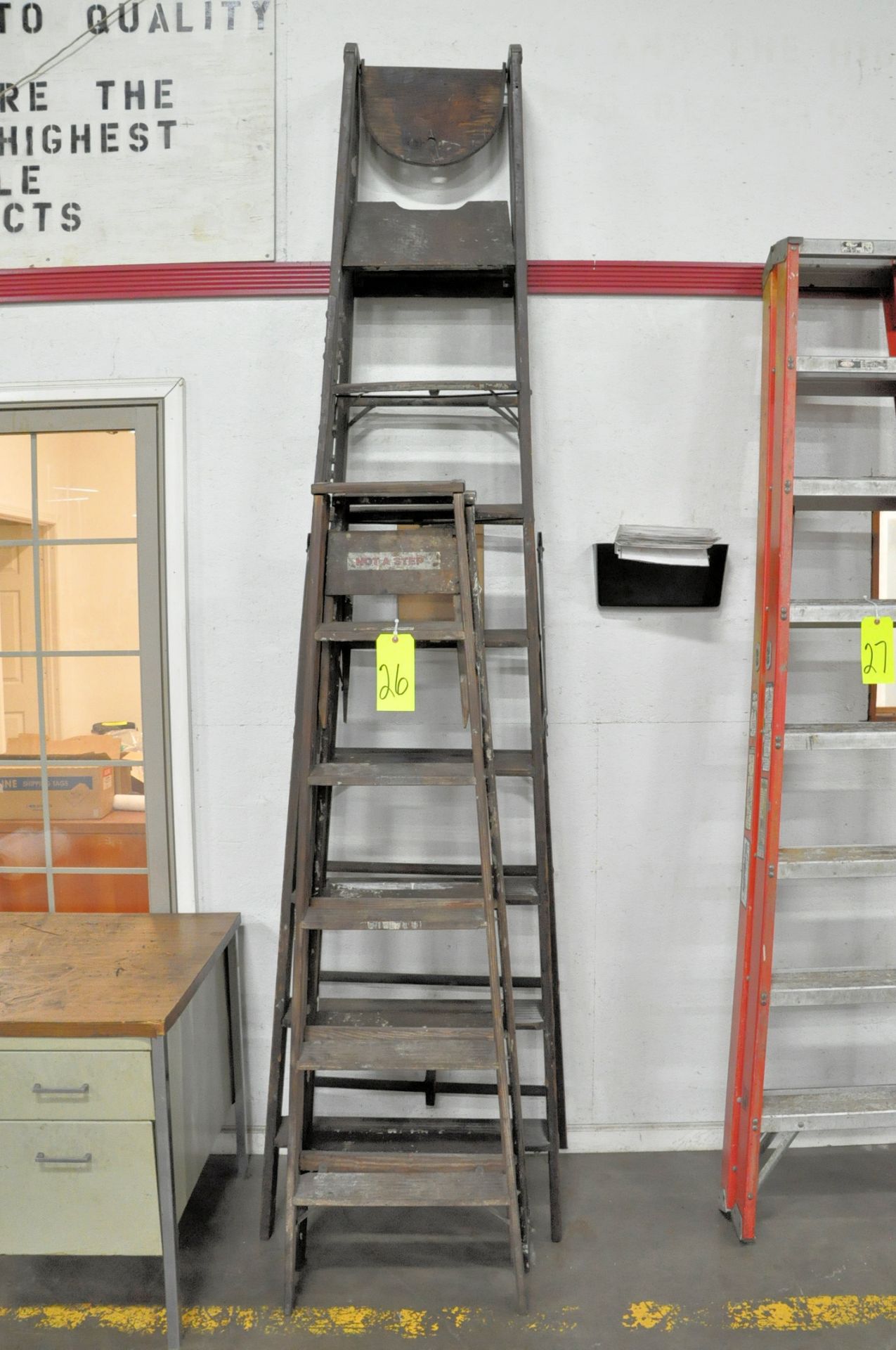 Lot-(1) 8' Wood Step Ladder and (2) 6' Wood Step Ladders