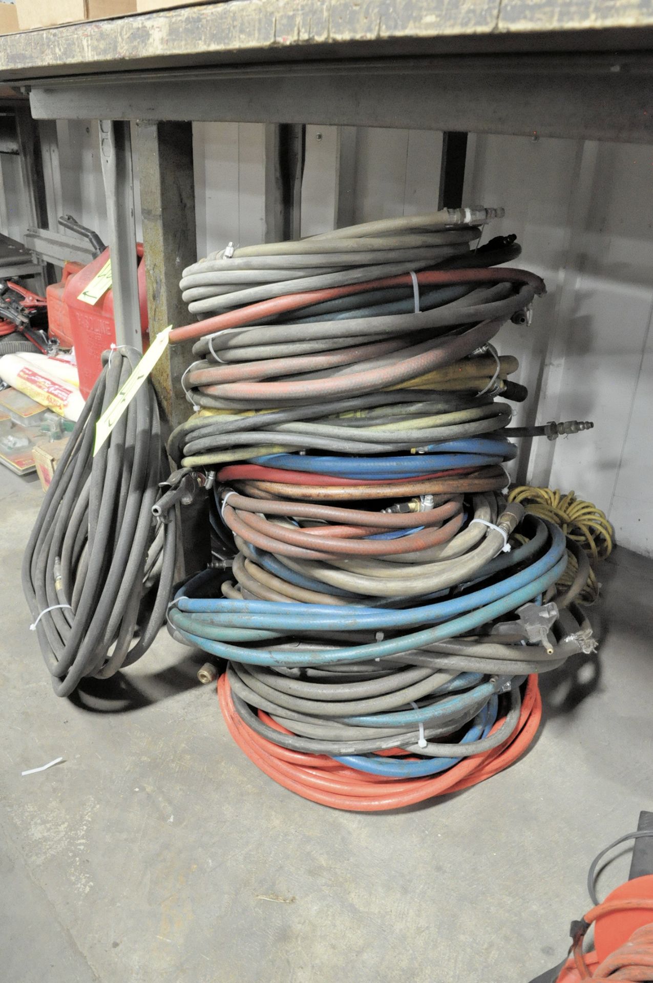 Lot-Various Air Hoses and Hose Reels Under (1) Bench