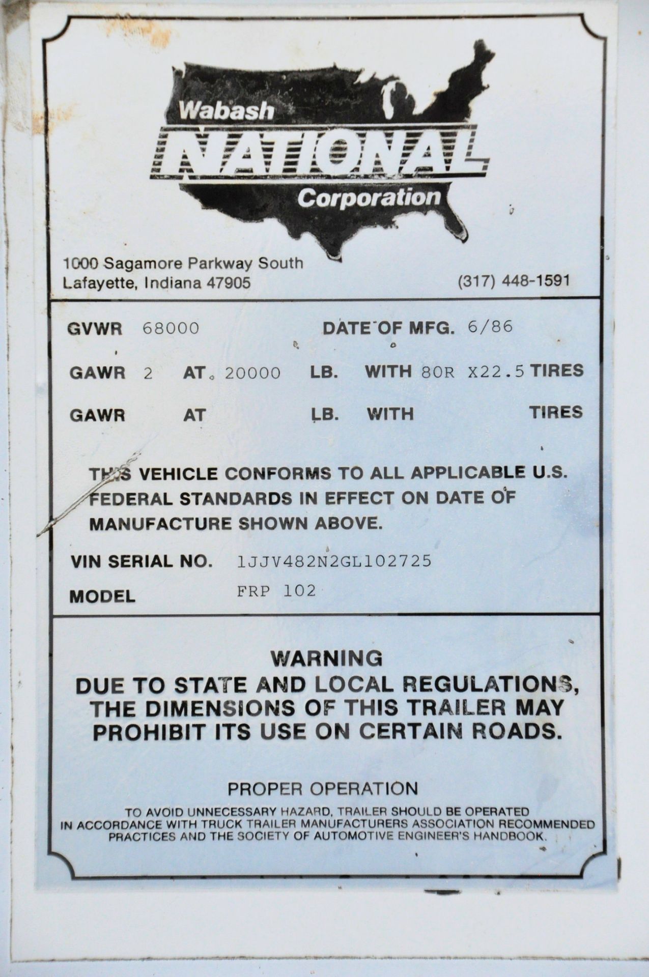 1986 Wabash National Model FRP 102, 48' Tandem Axle Van Trailer, VIN S/n 1JJV482N2GL102725, ( - Image 3 of 3