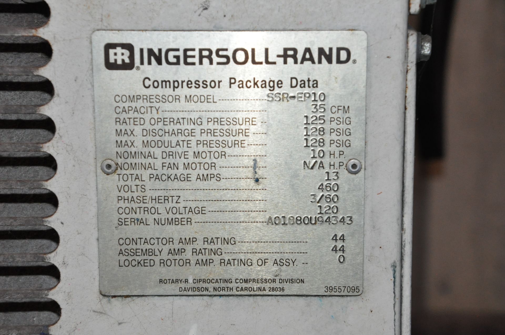 Ingersoll-Rand Model SSR-EP10, 10-HP Rotary Air Compressor, S/n A0188OU94343 - Bild 3 aus 3