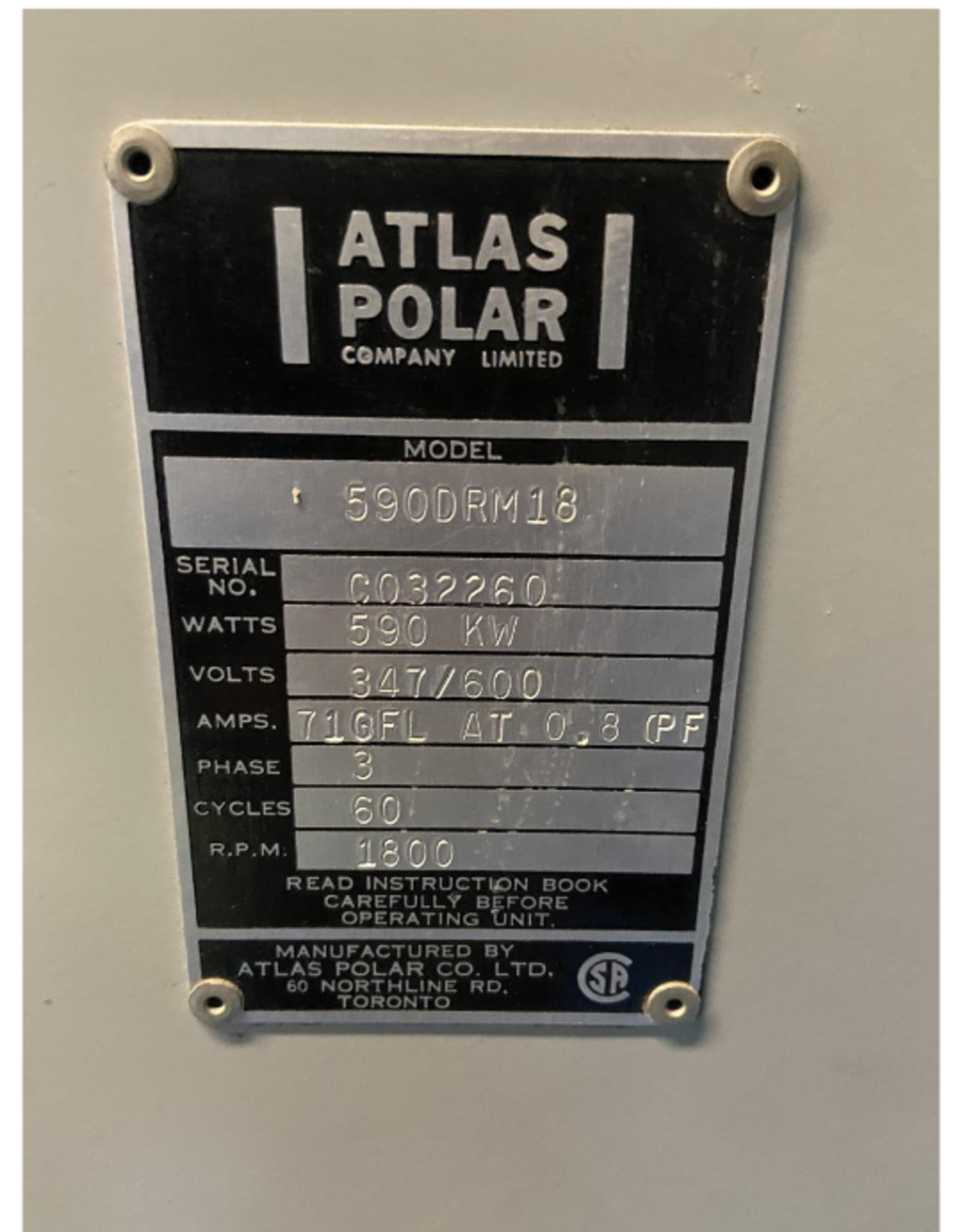 ATLAS POWER GENERATOR, MODEL 590DRM18, 590KW - LOCATION OTTAWA, ONTARIO - Image 3 of 5