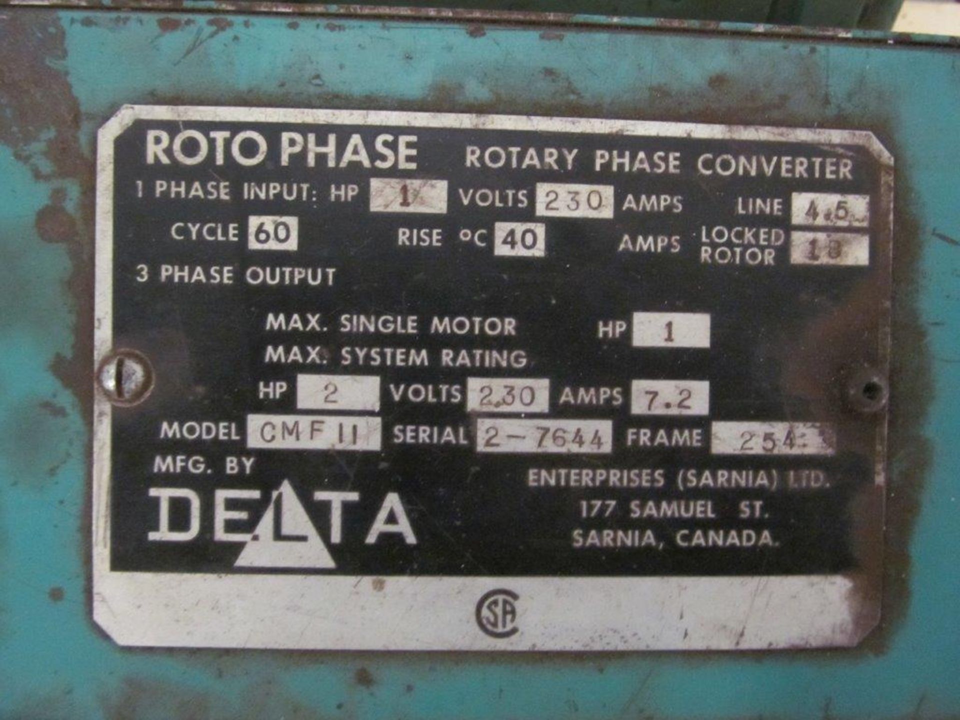 DELTA ROTO PHASE CONVERTOR, MODEL CMF 11, 230V/3PH/60C - Image 2 of 2