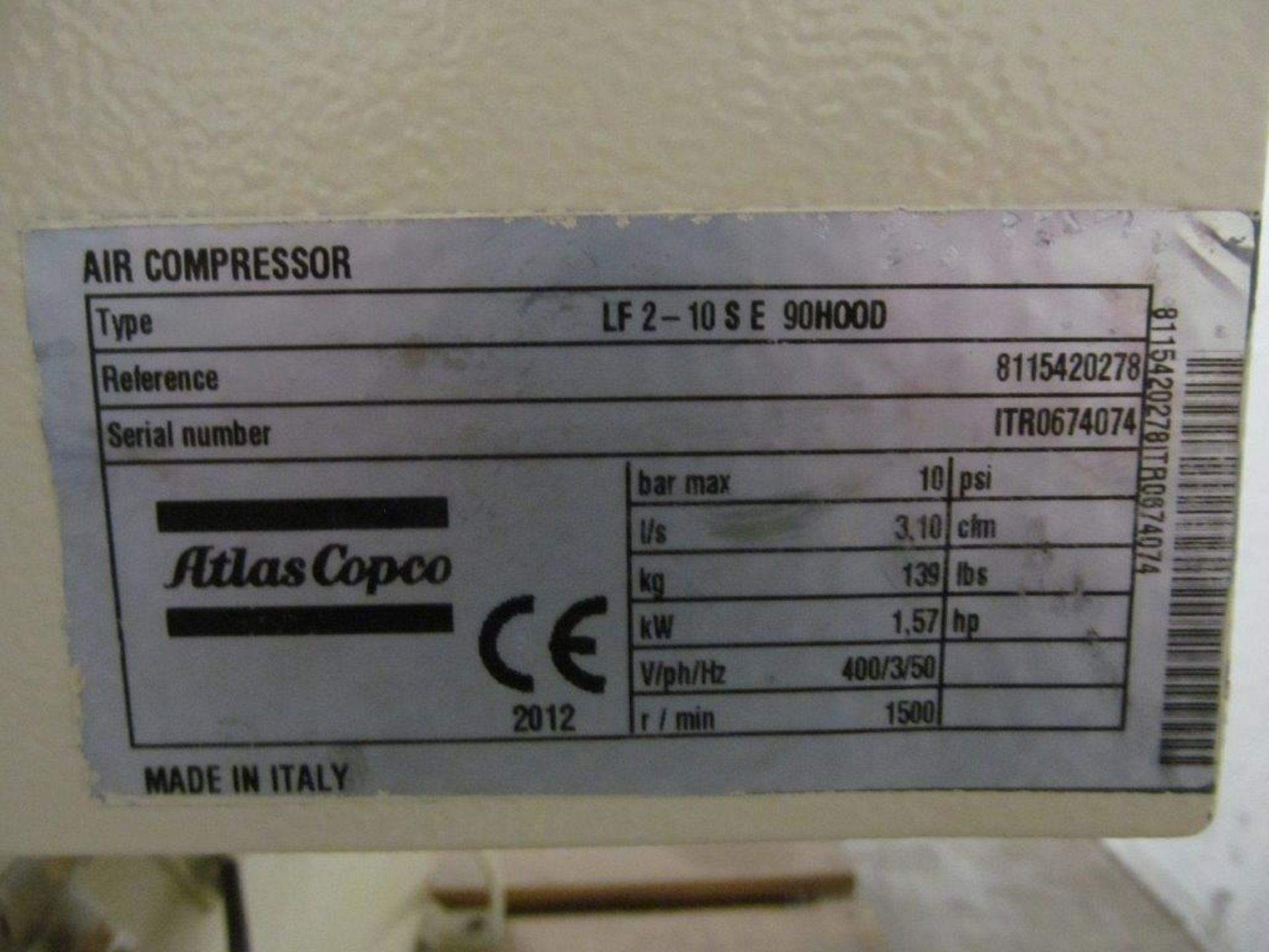 ATLAS COPCO AIR COMPRESSOR, TYPE LF-2-10SE90 HOOD, LOCATION, HAWKESBURY, ONTARIO - Image 6 of 6