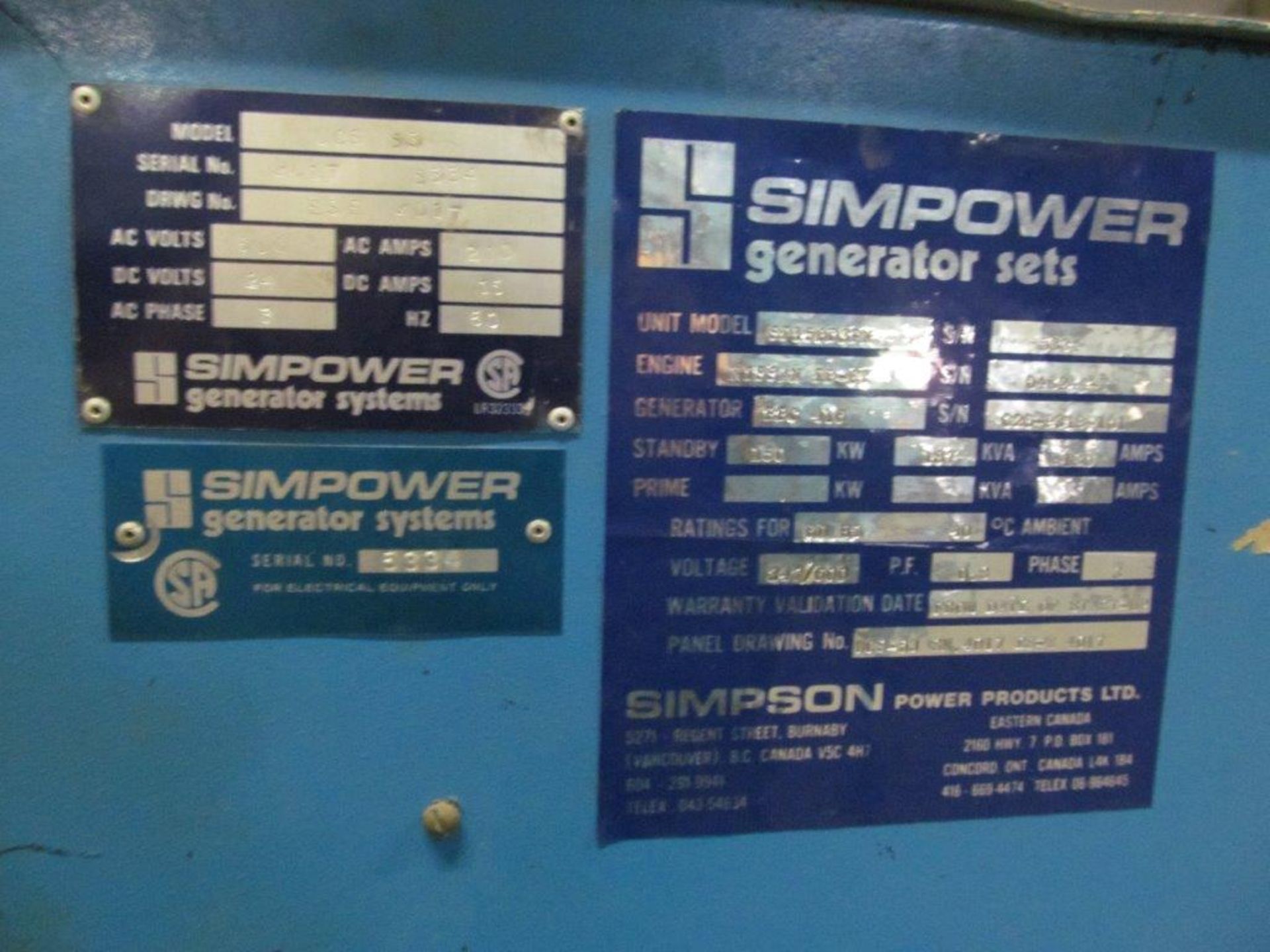 SIMPOWER DIESEL GENERATOR STRAIGHT 6 CYLINDER 180KW 225KVA 180 AMP VOLTAGE: 600 200 WATT RPM 1800 - Image 7 of 10