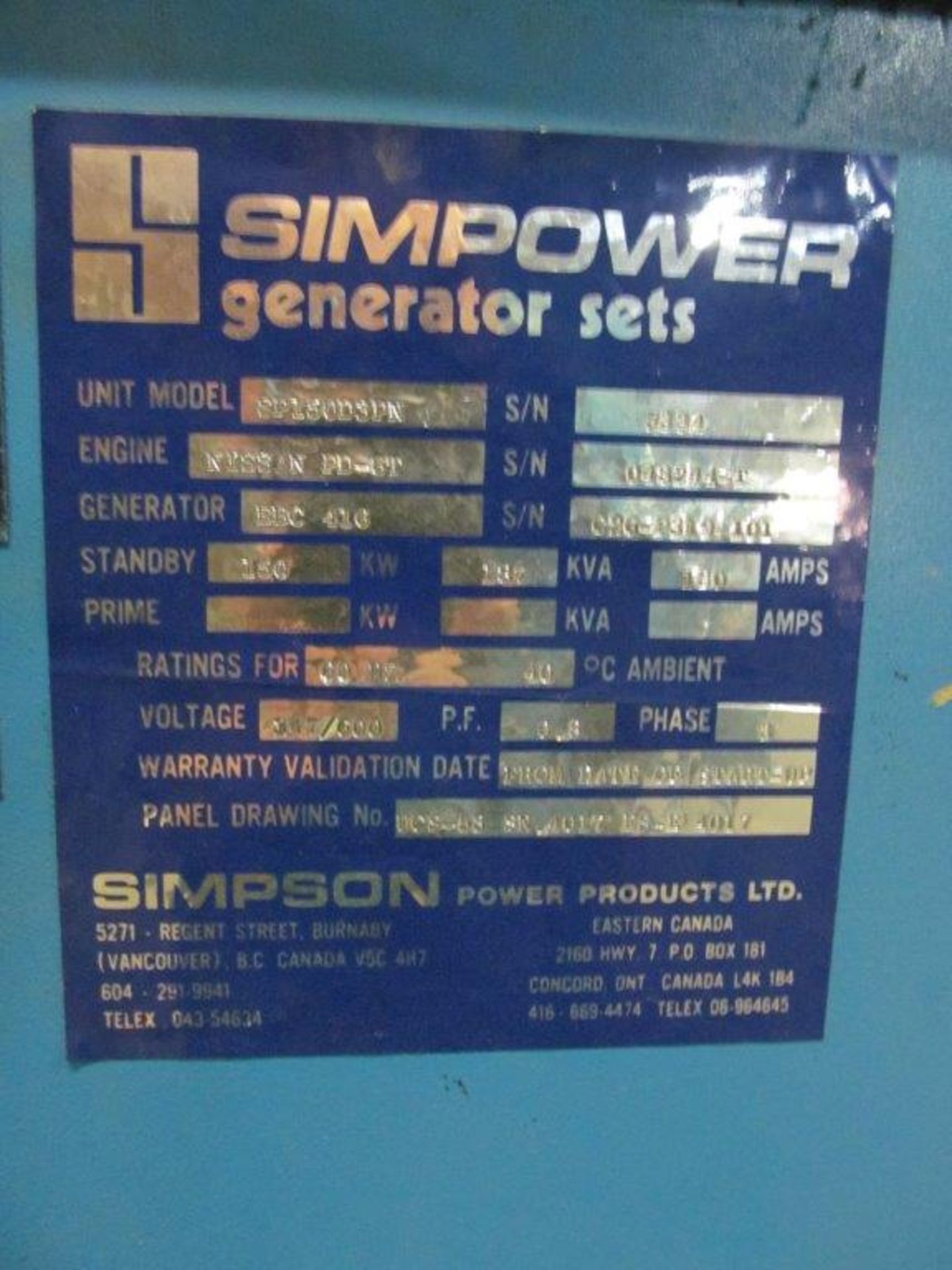 SIMPOWER DIESEL GENERATOR STRAIGHT 6 CYLINDER 180KW 225KVA 180 AMP VOLTAGE: 600 200 WATT RPM 1800 - Image 8 of 10