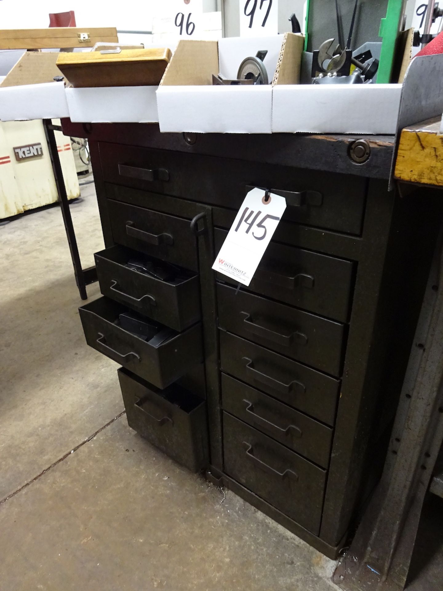 METAL STORAGE CABINET W/ ASSORTED CHUCK JAWS