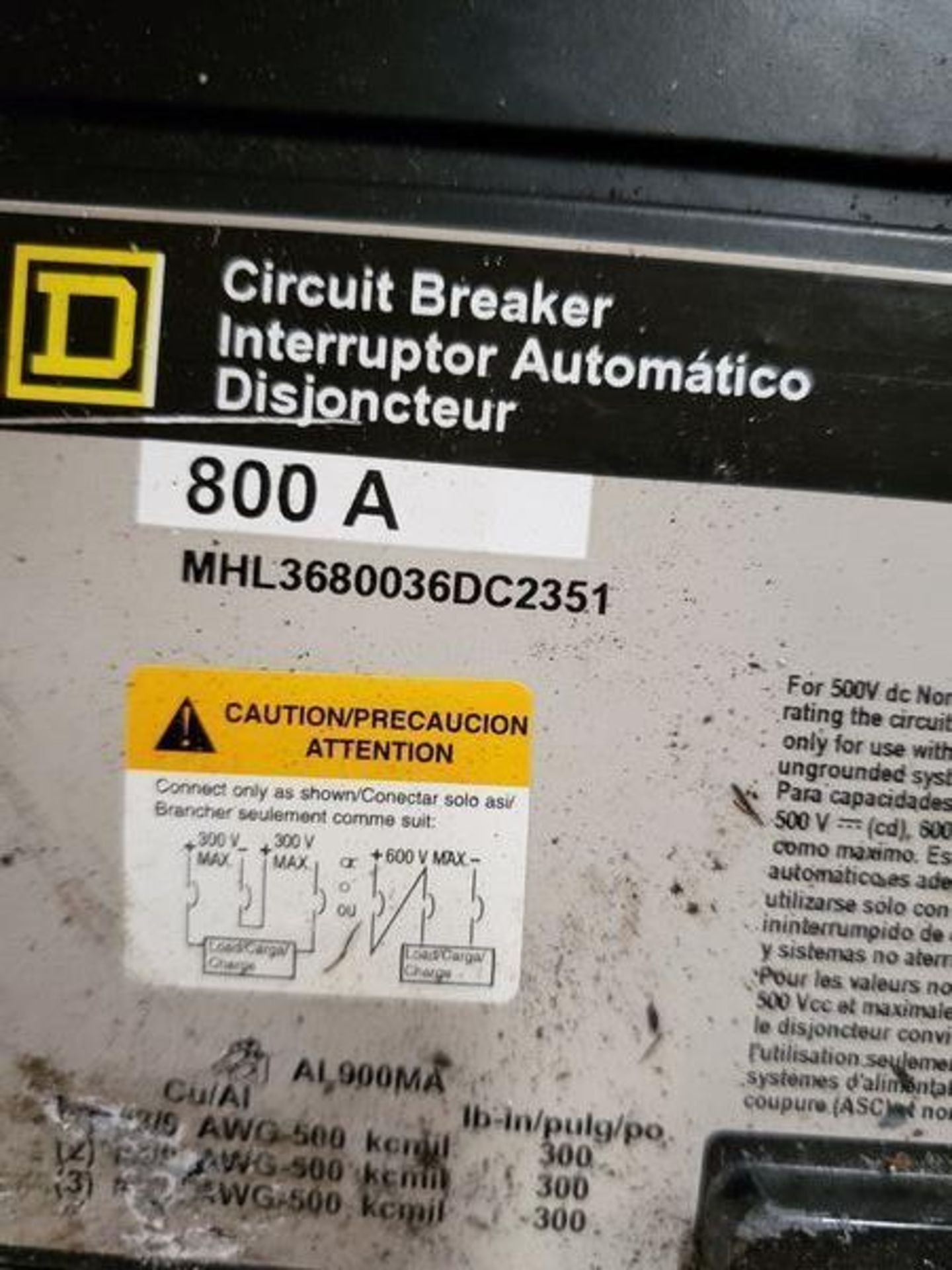 SQUARE D 800A BREAKER - PART # MHL3680036DC2351 - Image 2 of 2