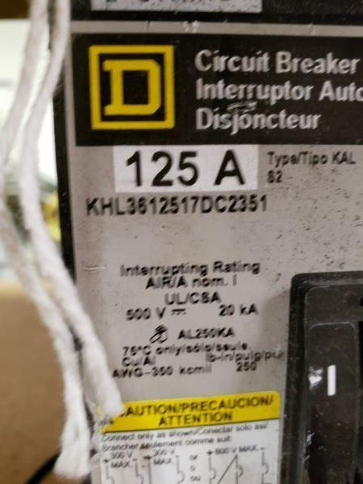 SQUARE D 125A BREAKER - PART # KHL3612517DC2351 - Image 2 of 2