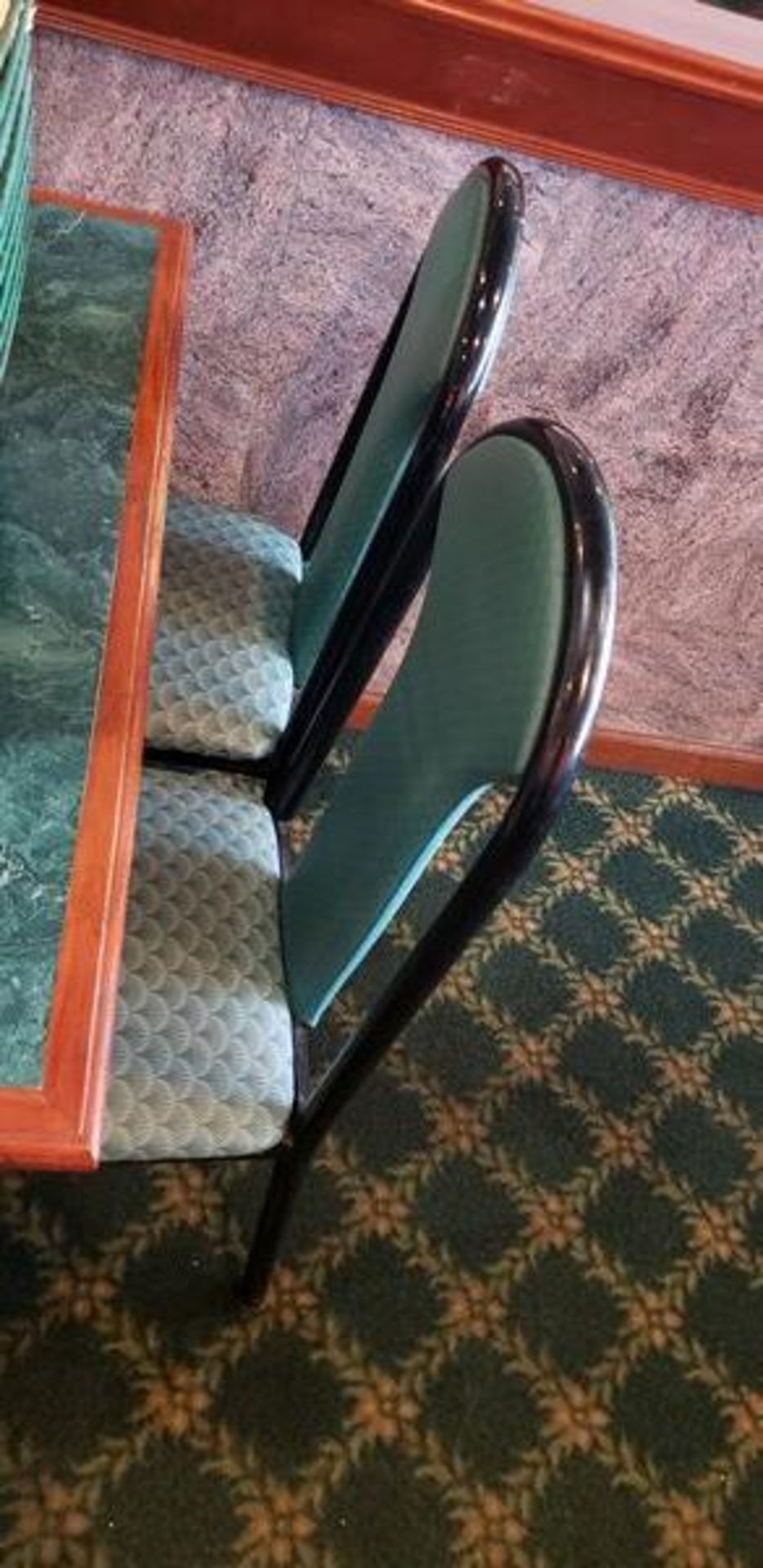UPHOLSTERED METAL FRAME GREEN AND BLACK DINING CHAIRS - Image 3 of 6