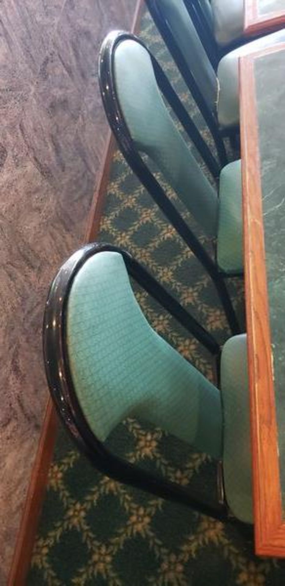 UPHOLSTERED METAL FRAME GREEN AND BLACK DINING CHAIRS - Image 3 of 5